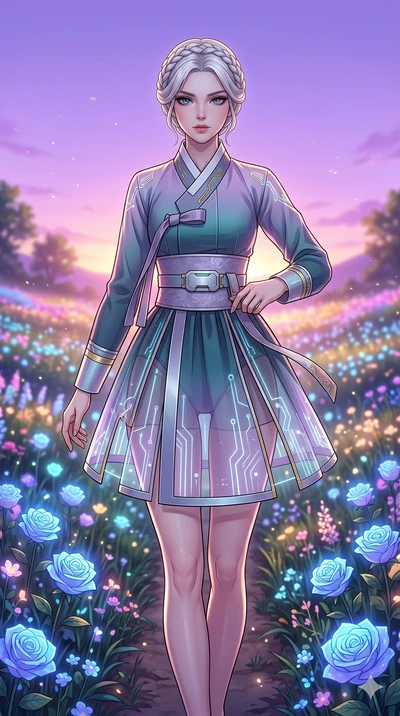 score_9, masterpiece, best quality, ultra-detailed, Set C: High-budget Anime Keyframe, Korean woman. Upper body close-up from the thighs up, character filling the screen for maximum presence. Walking through a field of blue roses under a lavender sky