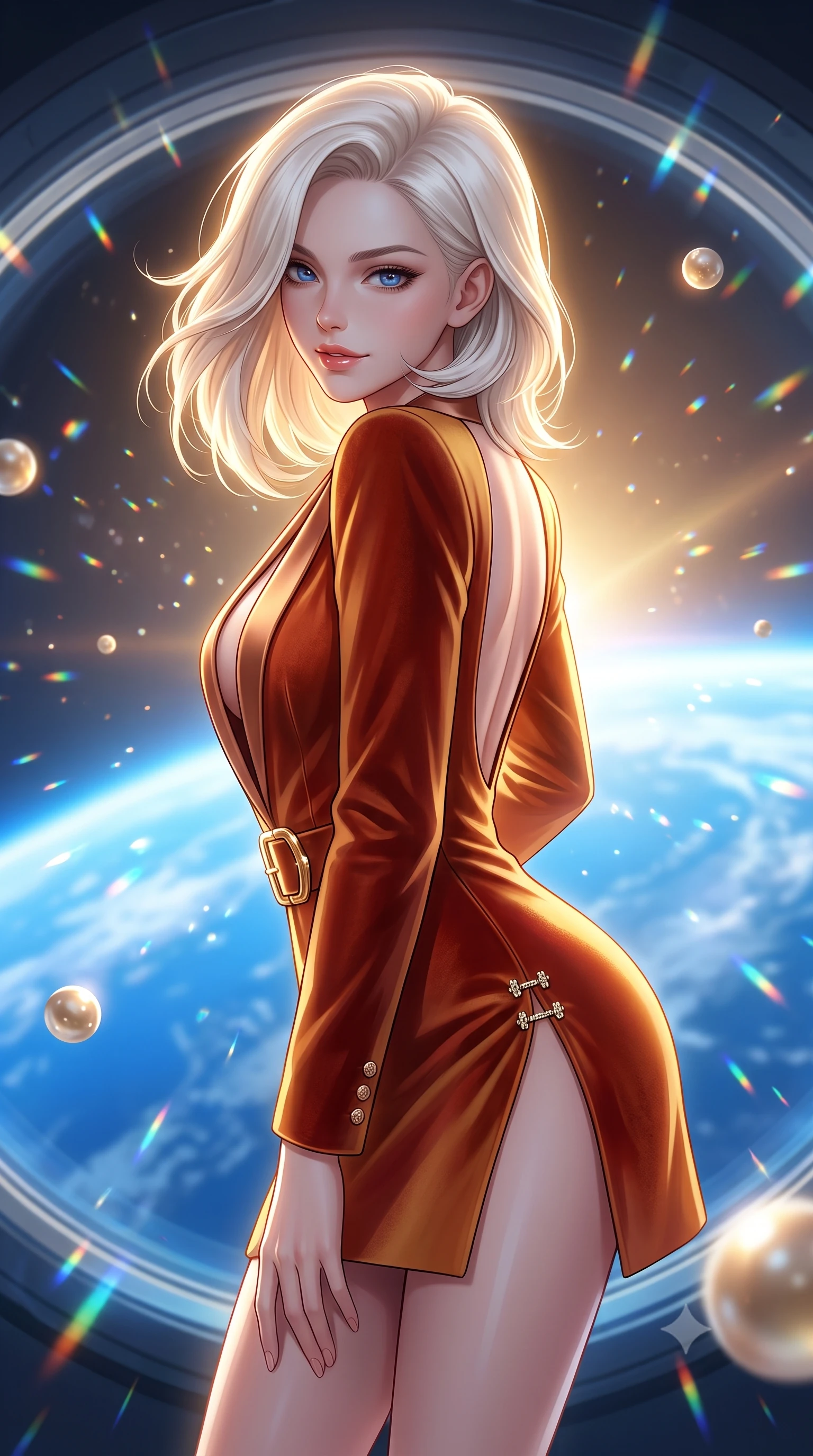 score_9, masterpiece, best quality, ultra-detailed, high-budget anime keyframe, semi-realistic 3D game render, editorial fashion photography, tasteful artistic composition, Caucasian woman. close-up cowboy shot from the waist and thighs up, the character dominates the composition, filling the frame with her large presence. turning over a bare shoulder with an intoxicating, teasing smile, her soft hair framing her sharp jawline as her hips angle gracefully while leaning forward against the massive curved panoramic viewport overlooking the brilliant blue curve of Earth, hips cocked back in an intoxicating zero-gravity posture. The composition keeps background elements in soft focus with creamy bokeh. floating zero-gravity champagne spheres and prism reflections scattering radiant celestial light motes. She has an exceptionally elegant, slender, and willowy female figure with an ultra-slim waist, flat toned midriff, narrow ribcage, and sculpted feminine hips creating an alluring, slim hourglass silhouette without bulk. sharp v-shaped jawline, high-bridge nose, intricate jewel-like eyes with depth, thick eyelashes, glossy parted lips with a natural sheen, intensely captivating and seductive bedroom-eyes expression, flawlessly proportioned anatomical accuracy, strict slender model proportions, natural body alignment, perfectly sculpted long slender limbs, ultra-slim waistline, clean dynamic posture without body distortion. wearing a tailored velvet tuxedo jacket dress with satin lapels, worn with a deep plunge neckline and gold hip buckle in desert terracotta copper and sun-baked sand gold, tailored from liquid silk jersey adhering flawlessly to her slender build, finished with an ultra-high side slit secured by miniature jeweled clasps, the precision-cut side openings and low-back scoop framing her graceful spine and the sensual sweep of her slim, toned hips. bathed in radiant golden orbital sunrise backlighting and ambient cool blue Earth glow from below. highly saturated vibrant anime colors, detailed shading with soft gradients, rich glossy textures, high-contrast stereoscopic depth, volumetric dynamic lighting, master piece, 9:16 ratio