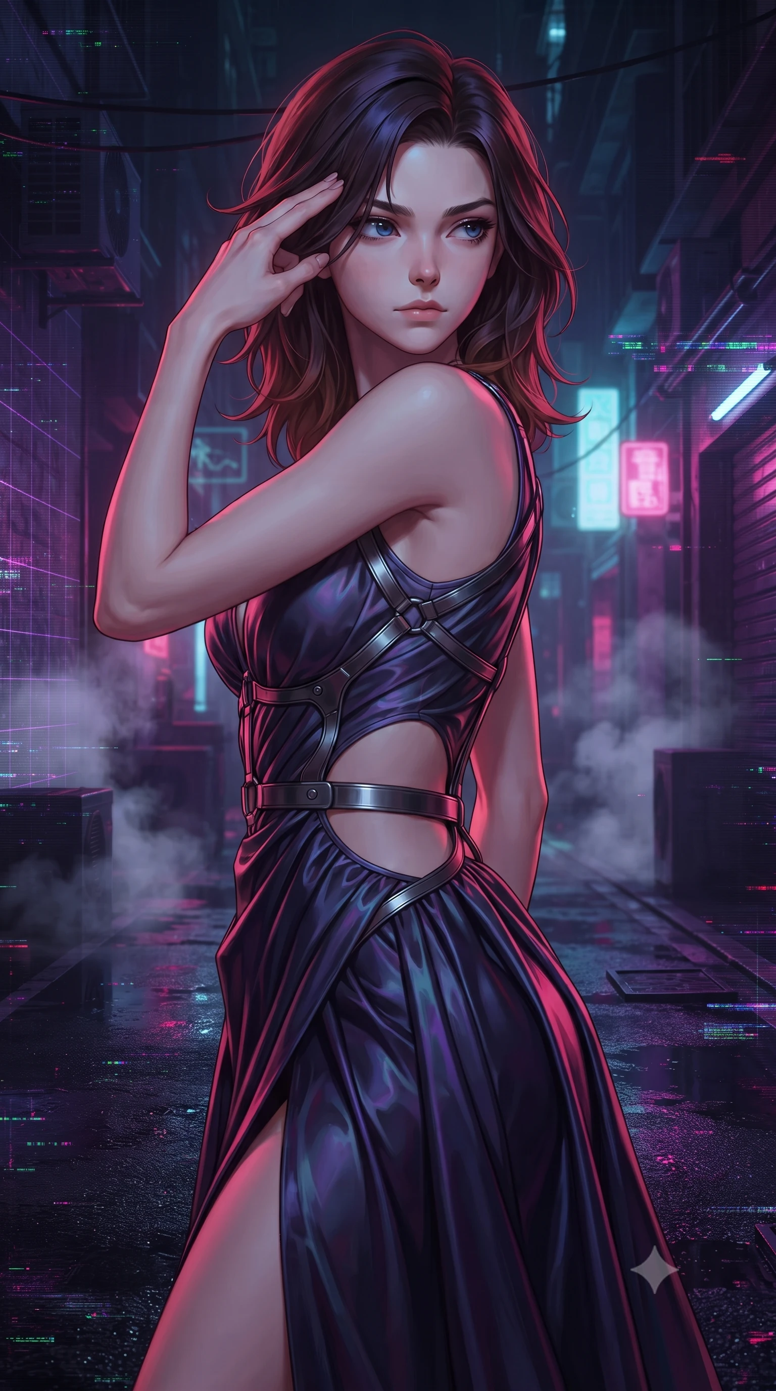 score_9, masterpiece, best quality, ultra-detailed, high-budget anime keyframe, editorial fashion photography, tasteful artistic composition, Korean woman. close-up cowboy shot from the waist and thighs up, the character dominates the composition, filling the frame with her large presence, background elements kept in soft focus. Pressing two fingers to her temple in a composed, sharp thoughtful gesture, looking back over her shoulder in a dark futuristic alley filled with steam vents, holographic glitch noise casting dark violet grid lines across the background. She has an exceptionally elegant, slender, and willowy female figure with an ultra-slim waist, a gracefully sculpted slender torso, and a refined silhouette. sharp v-shaped jawline, high-bridge nose, intricate jewel-like eyes with depth, thick eyelashes, glossy lips with a natural sheen. wearing draped obsidian silk gown featuring tasteful waist slit cutouts in midnight navy blue, made of iridescent dark violet taffeta, highlighted by a gunmetal metallic harness structure, accentuating her gracefully sculpted slender torso. illuminated by dark crimson and cyan neon rim lighting against wet black asphalt. highly saturated vibrant anime colors, detailed shading with soft gradients, rich glossy textures, high-contrast stereoscopic depth, volumetric dynamic lighting, master piece, 9:16 ratio