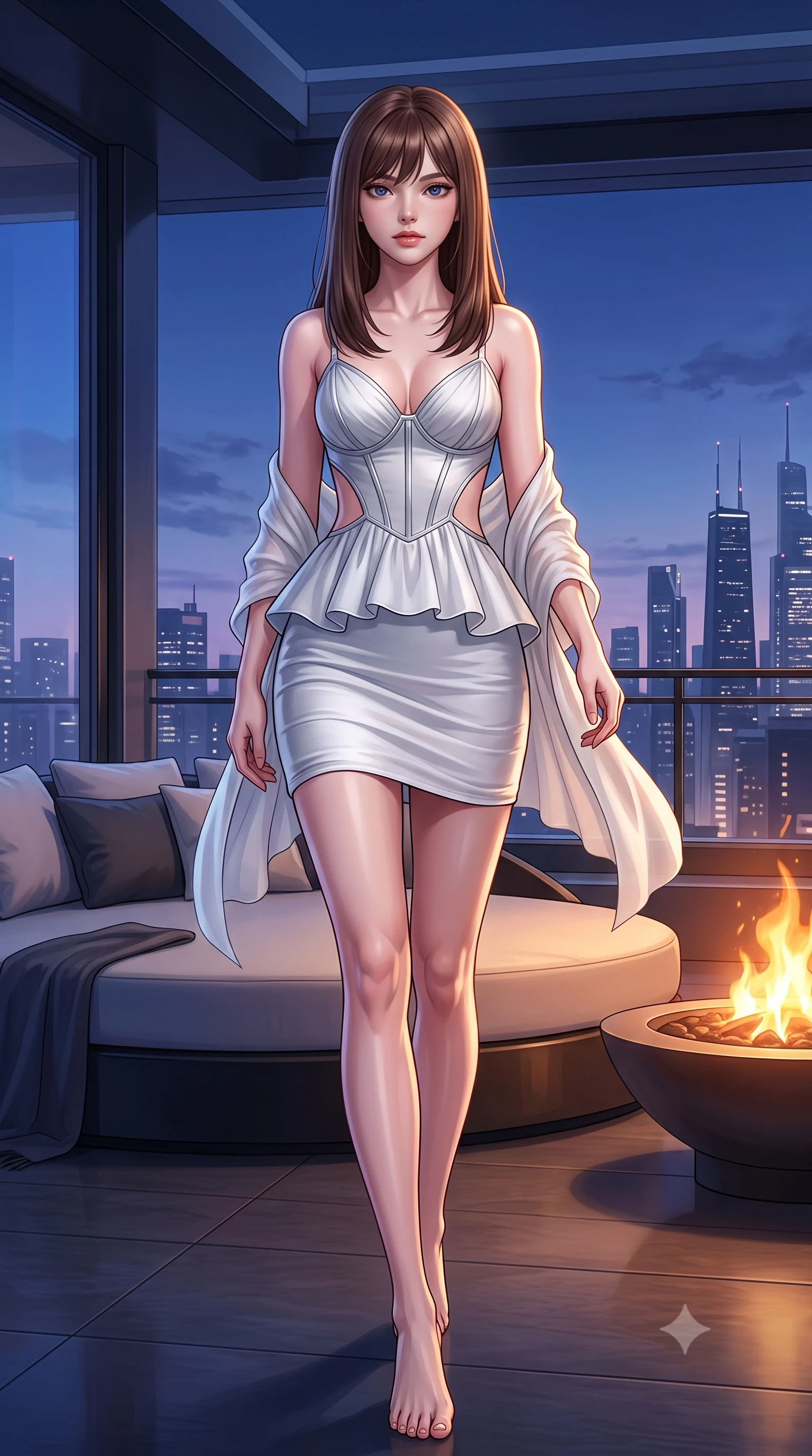 score_9, masterpiece, best quality, ultra-detailed, high-budget anime keyframe, semi-realistic 3D game render, editorial fashion photography, tasteful artistic composition, Korean woman. low angle full-body shot from head to toe showing her feet, filling the entire 9:16 vertical frame with her statuesque presence, stretching her vertical silhouette. striding forward in a proud supermodel runway stride, hips swaying in an alluring kinetic rhythm that accentuates her curvy hourglass silhouette while stretching languidly across an oversized circular lounge daybed, spine arched as warm midnight city light illuminates her sculpted hip silhouette. The surrounding environment is rendered in vivid detail and crisp panoramic clarity. sleek modern luxury chiaroscuro and futuristic skyline elegance rendered with environmental precision. She has an absolutely perfect, statuesque 8.5-heads proportion, an exceptionally tall and slender model-like female figure with impossibly long slender legs, a toned flat midriff, an ultra-slim waist, and beautifully sculpted feminine hips. sharp v-shaped jawline, high-bridge nose, intricate jewel-like eyes with depth, thick eyelashes, glossy parted lips with a natural sheen, intensely captivating and seductive bedroom-eyes expression, flawlessly proportioned anatomical accuracy, strict slender model proportions, natural body alignment, perfectly sculpted long slender limbs, ultra-slim waistline, clean dynamic posture without body distortion. wearing a modern peplum corset dress with side-waist diamond cutouts and an ultra-tight silhouette in pristine arctic white and metallic silver, woven from layered gossamer chiffon with a weightless sweeping drape, finished with a gossamer silk shawl draped loosely over her elbows, the form-contouring material adhering flawlessly to her sculpted flat midriff and slender torso, emphasizing her long leg lines and perfectly proportioned willowy build. bathed in twilight indigo sky tones and warm amber rooftop fire pit glow. highly saturated vibrant anime colors, detailed shading with soft gradients, rich glossy textures, high-contrast stereoscopic depth, volumetric dynamic lighting, master piece, 9:16 ratio