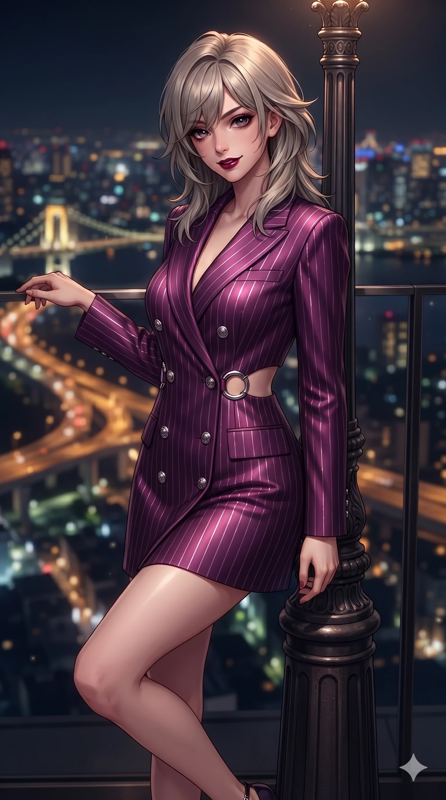 score_9, masterpiece, best quality, ultra-detailed, high-budget anime keyframe, editorial fashion photography, tasteful artistic composition, Japanese woman. close-up cowboy shot from the waist and thighs up, the character dominates the composition, filling the frame with her large presence. leaning against a historic cast-iron lamppost with one knee bent, night mist drifting through her hair as her dark outfit traces her feminine curves while walking slowly along the darkened glass perimeter with feline poise, her long slender legs and curvy hips commanding the metropolitan expanse. The background shows a soft-focus infinite sprawling grid of Tokyo night lights, elevated expressway ribbons, and bay bridges blurred into gold, topaz, and sapphire bokeh. She has an exceptionally elegant, slender, and willowy female figure with an ultra-slim waist, flat toned midriff, narrow ribcage, and sculpted feminine hips creating an alluring, slim hourglass silhouette without bulk. sharp v-shaped jawline, high-bridge nose, intricate jewel-like dark sparkling eyes with dangerous depth, thick curled eyelashes, glossy parted lips with a rich wine sheen, smoldering seductive half-smile with bedroom-eyes, exuding effortless superiority and intoxicating dark allure, flawlessly proportioned anatomical accuracy, strict slender model proportions, natural body alignment, perfectly sculpted long slender limbs, ultra-slim waistline, clean dynamic posture without body distortion. wearing an aristocratic double-breasted midnight blazer dress with metallic pinstripes and crested buttons in royal amaranth purple and liquid platinum, tailored from heavy double-faced silk georgette with an exceptionally fluid drape, accented with sculptural chrome hardware rings framing the subtle cutouts, the bespoke structured tailoring following the natural line of her 8.5-heads silhouette with refined elegance. bathed in the romantic, dim ambient lounge lighting punctuated by subtle cocktail table candlelight. ultra-reflective glossy finish, specular highlights, rich textural contrasts, high-contrast stereoscopic depth, volumetric dynamic lighting, 2k, ultra detail, master piece, 9:16 ratio