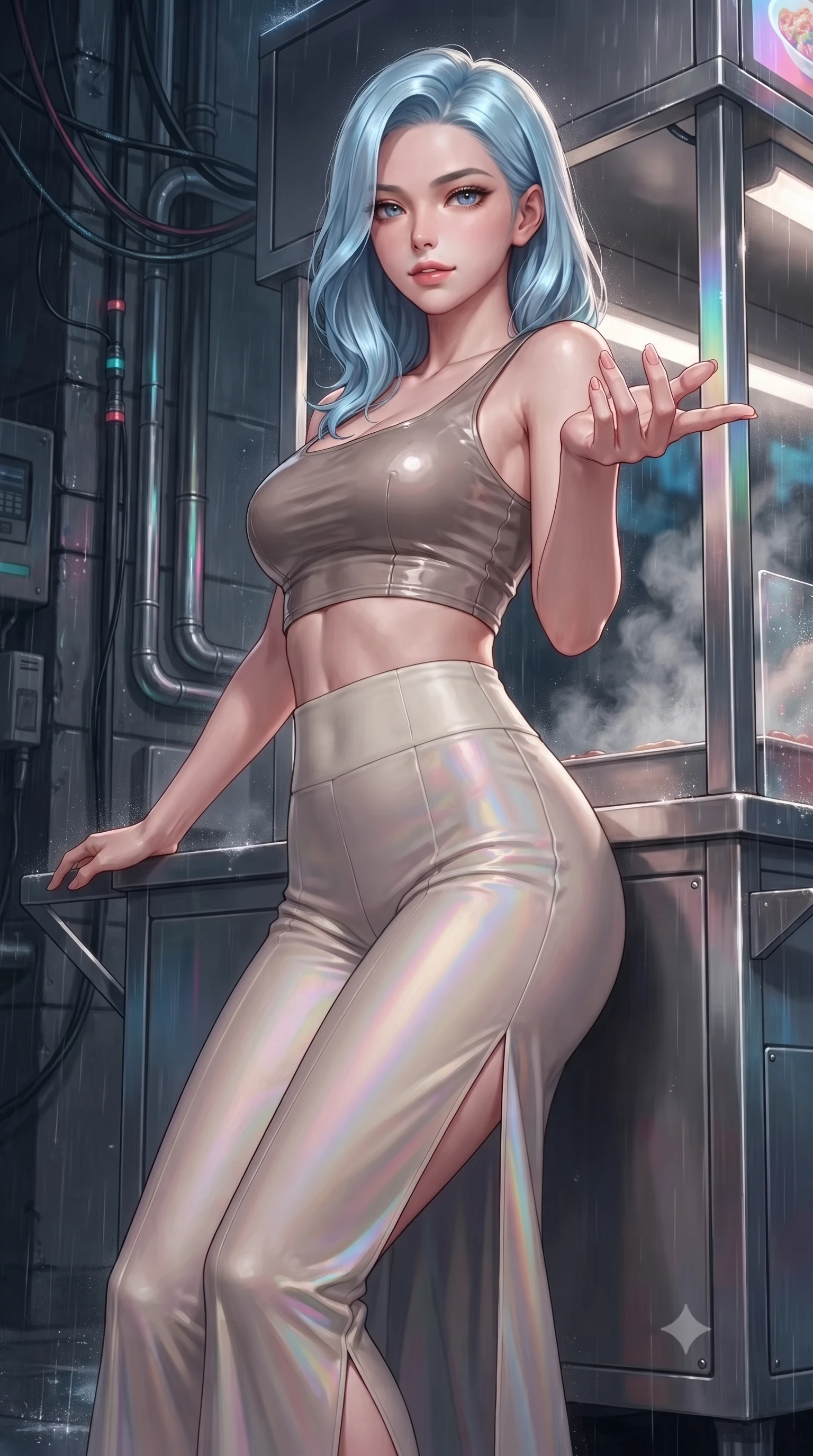 score_9, masterpiece, best quality, ultra-detailed, high-budget anime keyframe, editorial fashion photography, tasteful artistic composition, Korean woman. close-up cowboy shot from the waist and thighs up, the character dominates the composition, filling the frame with her large presence, background elements kept in soft focus. Reaching one hand gracefully toward the viewer with effortless superiority and allure resting against a sleek metallic food cart as steam rises into rain-slicked air, futuristic tactical cables and chrome pipes lining the dark city walls. She has an exceptionally elegant, slender, and willowy female figure with an ultra-slim waist, a gracefully sculpted slender torso, and a refined silhouette. sharp v-shaped jawline, high-bridge nose, intricate jewel-like eyes with depth, thick eyelashes, glossy lips with a natural sheen. wearing a glossy vinyl crop top and high-waist tailored leggings with sleek zippers in muted taupe and soft ivory, crafted from iridescent chiffon that shifts colors in the light, finished with a sleek side slit ascending to mid-thigh, the sleek second-skin texture accentuating her magnetic presence. illuminated by brilliant holographic glow and glistening wet speculars. ultra-reflective glossy finish, specular highlights, metallic sheen, high-contrast stereoscopic depth, volumetric dynamic lighting, 2k, ultra detail, master piece, 9:16 ratio
