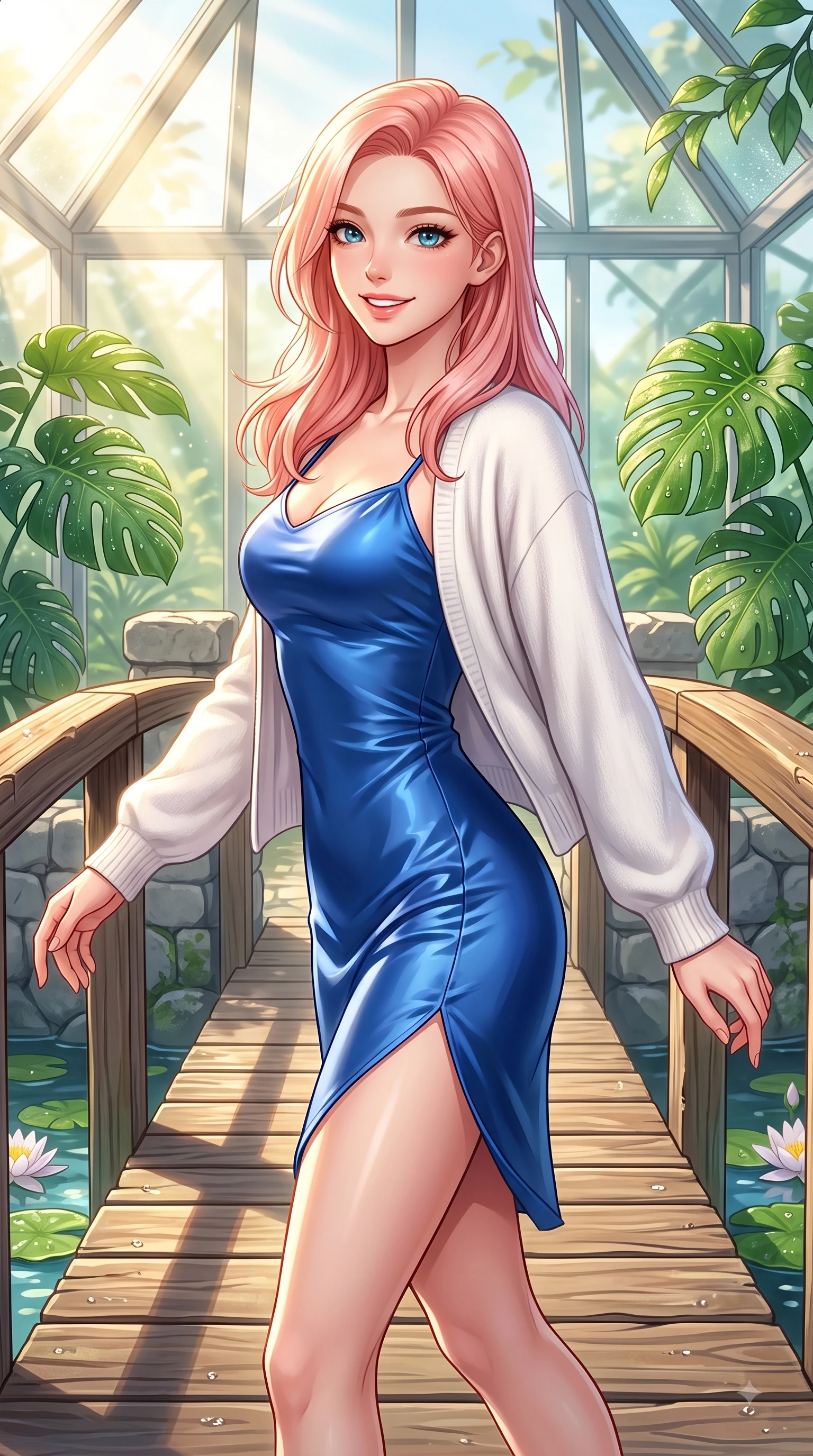 score_9, masterpiece, best quality, ultra-detailed, high-budget anime keyframe, editorial fashion photography, tasteful artistic composition, Japanese woman. close-up cowboy shot from the waist and thighs up, the character dominates the composition, filling the frame with her large presence. Youthful bright smile exuding pure cute charm and fresh energy, her torso turning dynamically into the lens while pivoting gracefully on a wooden bridge over a lotus pond catching morning sunbeams. The surrounding environment is rendered in vivid detail and crisp panoramic clarity. dewdrops on Monstera leaves, stone bridge details, and clear glass geometric panels in crisp resolution. She has an exceptionally elegant, slender, and willowy female figure with an ultra-slim waist, a gracefully sculpted slender torso, and a refined silhouette. sharp v-shaped jawline, high-bridge nose, intricate jewel-like eyes with depth, thick eyelashes, glossy lips with a natural sheen, flawlessly proportioned anatomical accuracy, natural body alignment, perfectly sculpted elegant limbs, clean dynamic posture without body distortion. wearing a glossy satin slip dress layered under a soft cashmere cardigan in vibrant cobalt blue and crisp snow white, knitted from soft cozy cashmere yarn, featuring a sleek side leg slit ascending to mid-thigh, the form-contouring material highlighting her ultra-slim waist and long lines. bathed in brilliant golden sunlight filtering through conservatory glass panes. highly saturated vibrant anime colors, detailed shading with soft gradients, rich glossy textures, high-contrast stereoscopic depth, volumetric dynamic lighting, master piece, 9:16 ratio