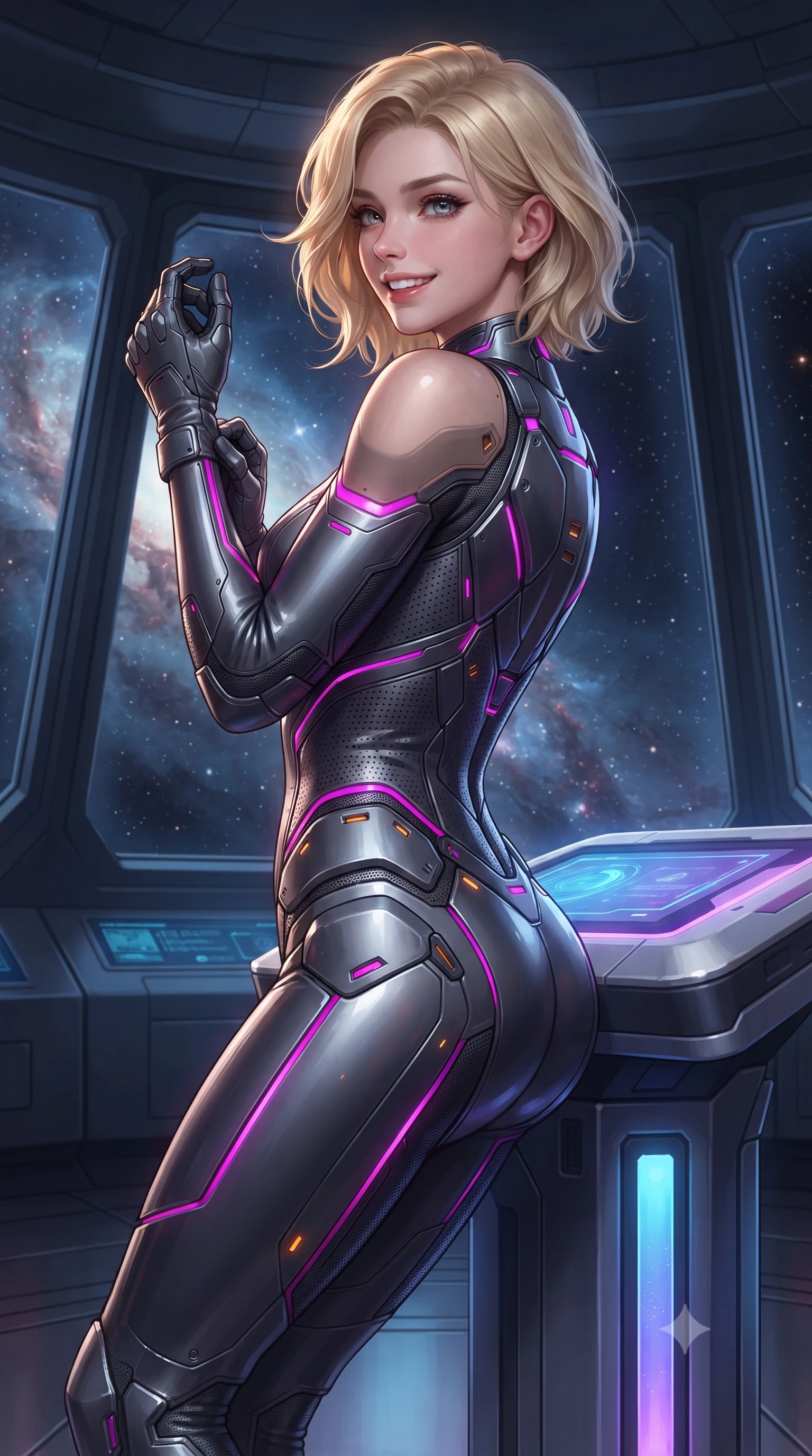 score_9, masterpiece, best quality, ultra-detailed, high-budget anime keyframe, editorial fashion photography, tasteful artistic composition, Caucasian woman. close-up cowboy shot from the waist and thighs up, the character dominates the composition, filling the frame with her large presence. adjusting her tactical glove with cool confidence, her bright smile capturing fresh girlhood charm while her arched torso reveals an intoxicating hip contour while leaning against the gravity-stabilizer pedestal with hips cocked back, looking back over a bare shoulder with fearless, intoxicating bedroom-eyes. The surrounding environment is rendered in vivid detail and crisp panoramic clarity: detailed combat suit weave, blinding accretion light reflections on armor, and deep-space observatory architecture in high clarity. She has an exceptionally elegant, slender, and willowy female figure with an ultra-slim waist, flat toned midriff, narrow ribcage, and sculpted feminine hips creating an alluring, slim hourglass silhouette without bulk. sharp v-shaped jawline, high-bridge nose, intricate jewel-like sparkling eyes with depth, thick eyelashes, glossy parted lips with a natural sheen, bright confident smile with an enchanting and coquettish sensual glint, exuding both youthful magnetic charm and sovereign high-tech allure, flawlessly proportioned anatomical accuracy, strict slender model proportions, natural body alignment, perfectly sculpted long slender limbs, ultra-slim waistline, clean dynamic posture without body distortion. wearing a second-skin cybernetic stealth suit with active-camo optical mesh and sculpted carbon hip guards in deep titanium gunmetal and radiant magenta neon, made of high-grade ballistic nylon with precision laser-cut perforations, accented with subtle hexagonal heat-sink vents glowing with dim orange thermal heat, the form-contouring cut accentuating her sculpted flat midriff, narrow delicate ribcage, and gracefully curvy hips with cybernetic supermodel precision. illuminated by cabin instrument fills and sharp molten-gold rim lights defining her razor-sharp jawline, narrow waist, and curvy hips. ultra-reflective glossy finish, specular highlights, rich textural contrasts, high-contrast stereoscopic depth, volumetric dynamic lighting, 2k, ultra detail, master piece, 9:16 ratio