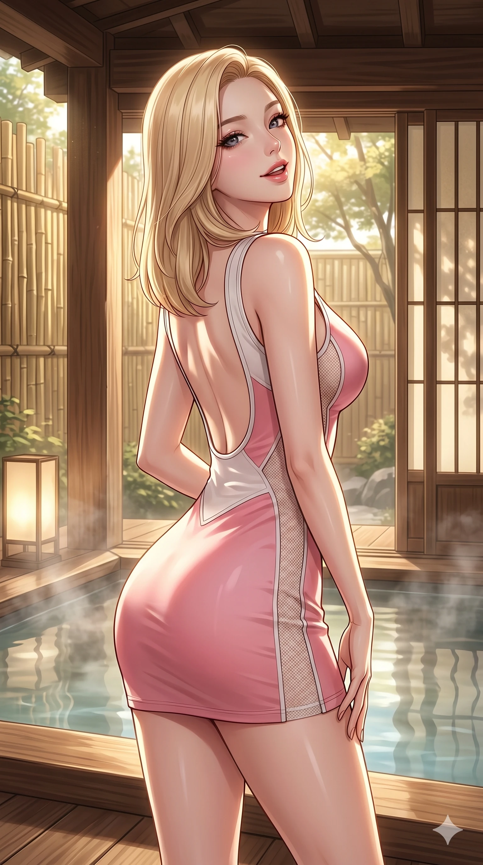 score_9, masterpiece, best quality, ultra-detailed, high-budget anime keyframe, editorial fashion photography, tasteful artistic composition, Korean woman. cowboy shot from the thighs up, character and outfit filling the frame for maximum editorial presence. tilting her head back slightly with a playful, teasing smile, her lips parted with a sultry charm in a private hot spring pavilion with warm sunlight filtering through bamboo partitions (Code-P094). She has an absolutely perfect 8-heads proportion, an exceptionally tall and slender female figure with impossibly long slender legs and an ultra-slim waist. V-shaped jawline, high-bridge nose, intricate jewel-like eyes with depth, thick eyelashes, glossy lips with a natural sheen. wearing a glove-like pink and white summer dress with a scooped open back and side mesh panels. drenched in bright midday sunbeams, casting sharp warm highlights that outline her slender waist and long legs. 2k, ultra detail, master piece, 9:16 ratio