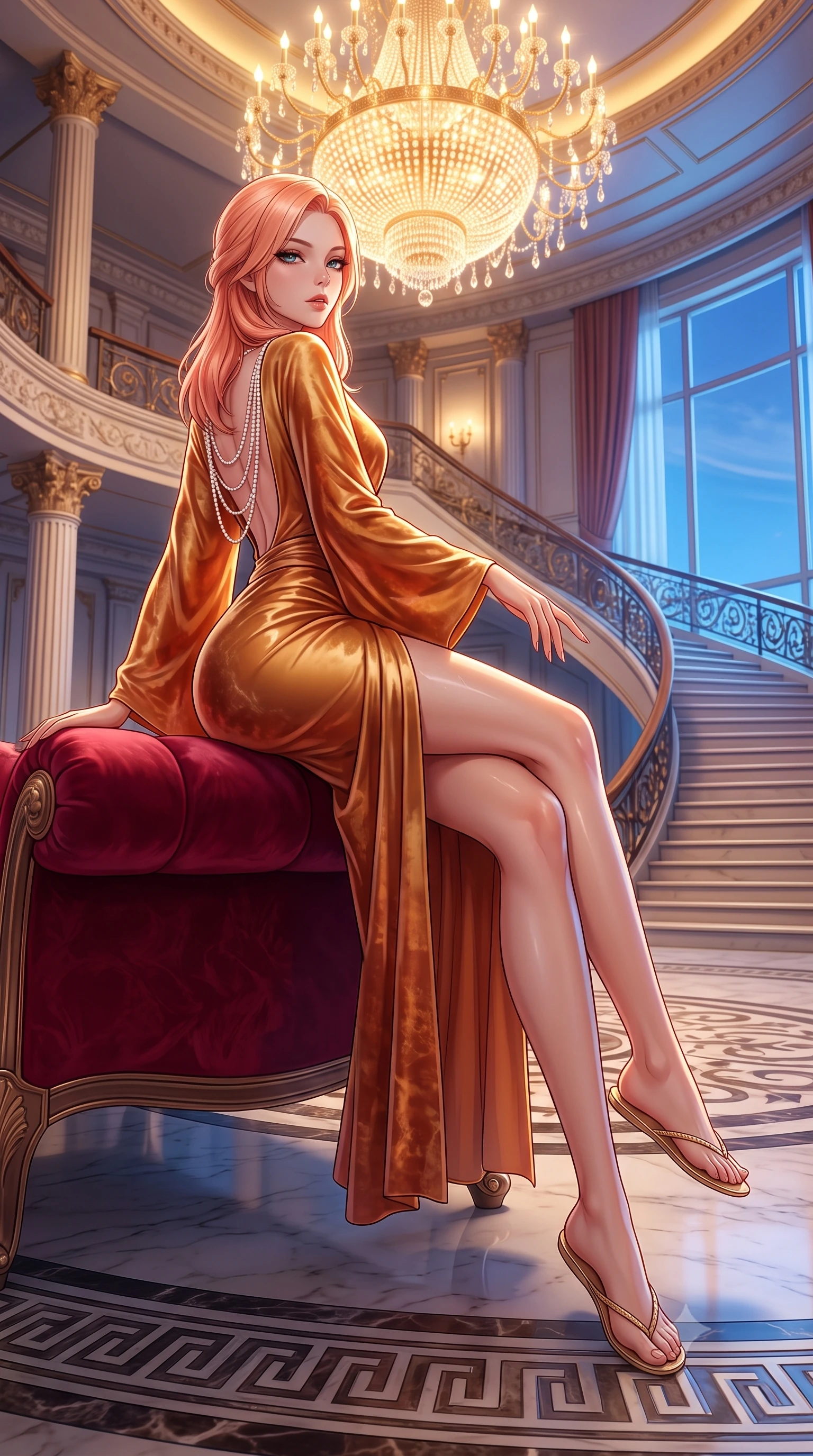 score_9, masterpiece, best quality, ultra-detailed, high-budget anime keyframe, semi-realistic 3D game render, editorial fashion photography, tasteful artistic composition, Japanese woman. low angle full-body shot from head to toe showing her feet, filling the entire 9:16 vertical frame with her statuesque presence, stretching her vertical silhouette. sitting perched on the elevated edge with hips angled toward the camera and legs crossed, displaying her toned midriff and flawlessly sculpted slender limbs while reclining on a plush crimson velvet settee propped on one elbow, her long slender legs and curvy hips commanding the composition. The surrounding environment is rendered in vivid detail and crisp panoramic clarity. detailed silk satin dress sheen, pearl jewelry luster, and architectural relief sharpness in high resolution. She has an exceptionally tall and slender model-like 8.5-heads proportion, an ultra-slim waist, a flat toned midriff, narrow delicate ribcage, and beautifully sculpted feminine hips creating a graceful, slim hourglass silhouette without any bulky heaviness, with impossibly long slender legs. sharp v-shaped jawline, high-bridge nose, intricate jewel-like eyes with depth, thick eyelashes, glossy parted lips with a natural sheen, intensely captivating and seductive bedroom-eyes expression, flawlessly proportioned anatomical accuracy, strict slender model proportions, natural body alignment, perfectly sculpted long slender limbs, ultra-slim waistline, clean dynamic posture without body distortion. wearing a delicate semi-translucent silk yukata that clings to her wet skin and curvy hip contours in molten desert gold and burnt terracotta, crafted from heavyweight crushed silk velvet with liquid vintage luster, accented with a multi-strand pearl back necklace cascading down her bare spine to her hips, the liquid-tight tailored fabric clinging flawlessly to her narrow waist and rounded feminine hips, emphasizing every millimeter of her sculpted slim hourglass curves without any bulky heaviness. bathed in opulent golden chandelier light radiating from the grand foyer and cool blue evening sky fill. highly saturated vibrant anime colors, detailed shading with soft gradients, rich glossy textures, high-contrast stereoscopic depth, volumetric dynamic lighting, master piece, 9:16 ratio