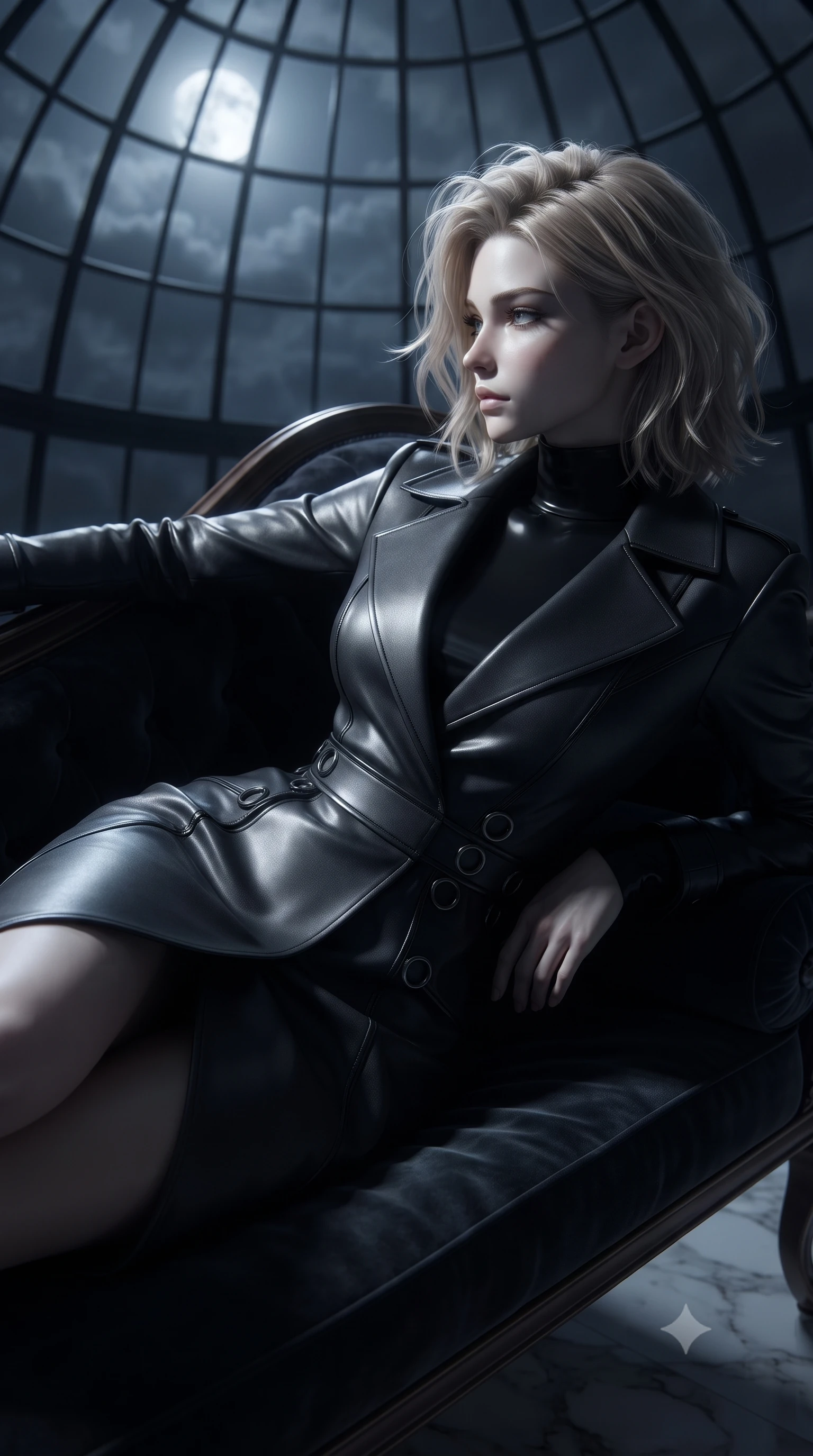 score_9, masterpiece, best quality, ultra-detailed, high-budget anime keyframe, editorial fashion photography, tasteful artistic composition, Caucasian woman. close-up cowboy shot from the waist and thighs up, the character dominates the composition, filling the frame with her large presence, background elements kept in soft focus. Turning her face in sharp dramatic profile against the moody key light, resting on a dark velvet chaise lounge under a massive glass sky dome at 2 AM, intense cold silver moonbeams casting crisp dramatic shadows across the marble. She has an exceptionally elegant, slender, and willowy female figure with an ultra-slim waist, a gracefully sculpted slender torso, and a refined silhouette. sharp v-shaped jawline, high-bridge nose, intricate jewel-like eyes with depth, thick eyelashes, glossy lips with a natural sheen. wearing structured dark charcoal trench dress over sleek high-neck top in pitch-black onyx, made of polished black leather, trimmed with dark chrome ring hardware along the waist contours, the fitted fabric emphasizing her ultra-slim waist. lit by intense moonbeam key light defining her refined silhouette. ultra-reflective glossy finish, specular highlights, metallic sheen, high-contrast stereoscopic depth, volumetric dynamic lighting, 2k, ultra detail, master piece, 9:16 ratio