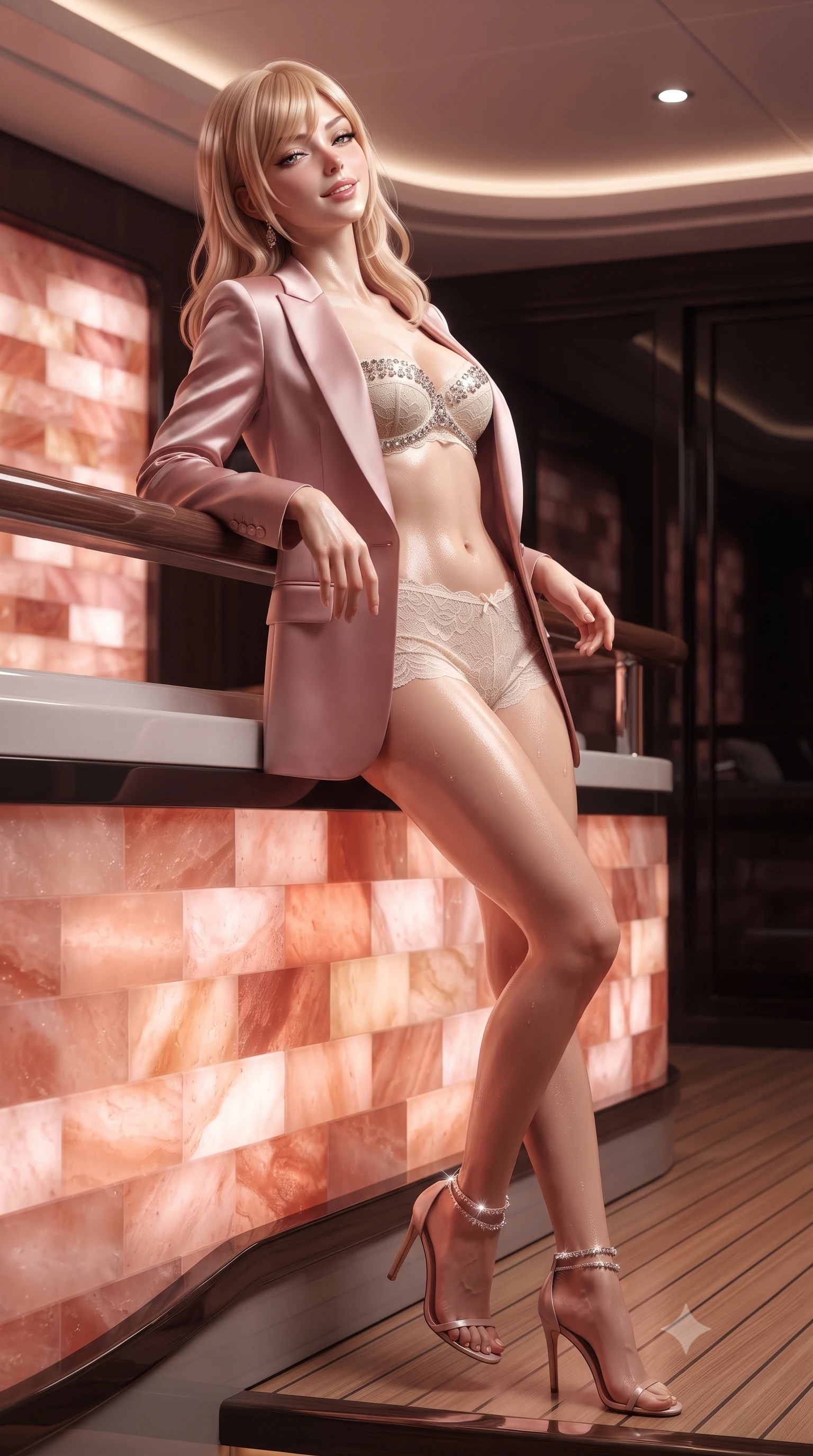 score_9, masterpiece, best quality, ultra-detailed, high-budget anime keyframe, editorial fashion photography, tasteful artistic composition, Caucasian woman. close-up cowboy shot from the waist and thighs up, the character dominates the composition, filling the frame with her large presence. leaning back against the balustrade with relaxed seductive grace, head tilted back slightly while casting a hypnotic, heavy-lidded gaze while stepping out onto the private spa deck with dewy perspiration glowing on her limbs, casting an alluring, parted-lip bedroom-smile. The surrounding environment is rendered in vivid detail and crisp panoramic clarity: detailed wet-look lycra swimwear cling, delicate ankle chain gleam, and bespoke yacht spa craftsmanship in high resolution. She has an exceptionally elegant, slender, and willowy female figure with an ultra-slim waist, flat toned midriff, narrow ribcage, and sculpted feminine hips creating an alluring, slim hourglass silhouette without bulk. sharp v-shaped jawline, high-bridge nose, sparkling eyes with hypnotic seductive depth, thick curled eyelashes, glossy parted lips with a natural dewy peach sheen, alluring bedroom-eyes with an enchanting coquettish smile, exuding magnetic siren charisma and sophisticated glamour, flawlessly proportioned anatomical accuracy, strict slender model proportions, natural body alignment, perfectly sculpted long slender limbs, ultra-slim waistline, clean dynamic posture without body distortion. wearing a tailored open-front satin smoking jacket worn over a jewel-embellished bandeau and micro-shorts in dusky blush pink and warm ivory lace, tailored from fine structural neoprene with crisp architectural edges and smooth contouring, complemented by strappy stiletto sandals with crystal ankle wraps accentuating her slender calves, the form-contouring silhouette accentuating her sculpted flat midriff, narrow delicate ribcage, and gracefully curvy hips with intoxicating allure. bathed in warm therapeutic pink-and-amber glow radiating through translucent Himalayan salt blocks. ultra-reflective glossy finish, specular highlights, rich textural contrasts, high-contrast stereoscopic depth, volumetric dynamic lighting, 2k, ultra detail, master piece, 9:16 ratio