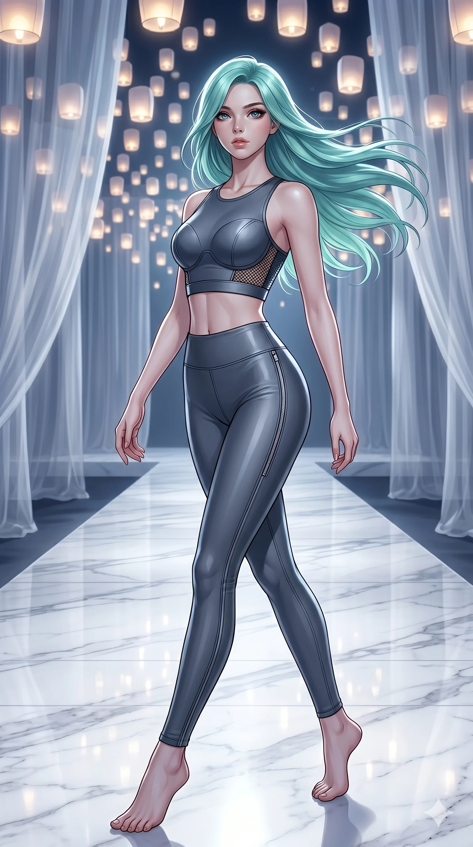 score_9, masterpiece, best quality, ultra-detailed, high-budget anime keyframe, editorial fashion photography, tasteful artistic composition, Caucasian woman, strictly human ears. low angle full-body shot from head to toe showing her feet, filling the entire 9:16 vertical frame with her statuesque presence, stretching her vertical silhouette. Pivoting sharply mid-step with hair sweeping dramatically behind on a runway of polished white marble under a canopy of thousands of floating luminous lanterns. She has an absolutely perfect 8-heads proportion, an exceptionally tall and slender female figure with impossibly long slender legs and an ultra-slim waist. V-shaped jawline, high-bridge nose, intricate jewel-like eyes with depth, thick eyelashes, glossy lips with a natural sheen. wearing a high-performance fitted crop sports top in deep chrome grey with sculpted structured cups and a bold graphic mesh insert at the sides, paired with matching high-waist compression leggings with side chrome zip details. bathed in cold silver moonlight filtered through translucent gossamer curtains casting soft shadows on her curves. 2k, ultra detail, master piece, 9:16 ratio