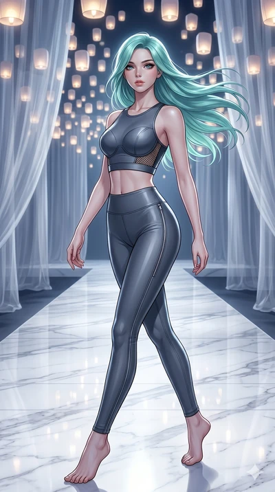 score_9, masterpiece, best quality, ultra-detailed, high-budget anime keyframe, editorial fashion photography, tasteful artistic composition, Caucasian woman, strictly human ears. low angle full-body shot from head to toe showing her feet, filling th