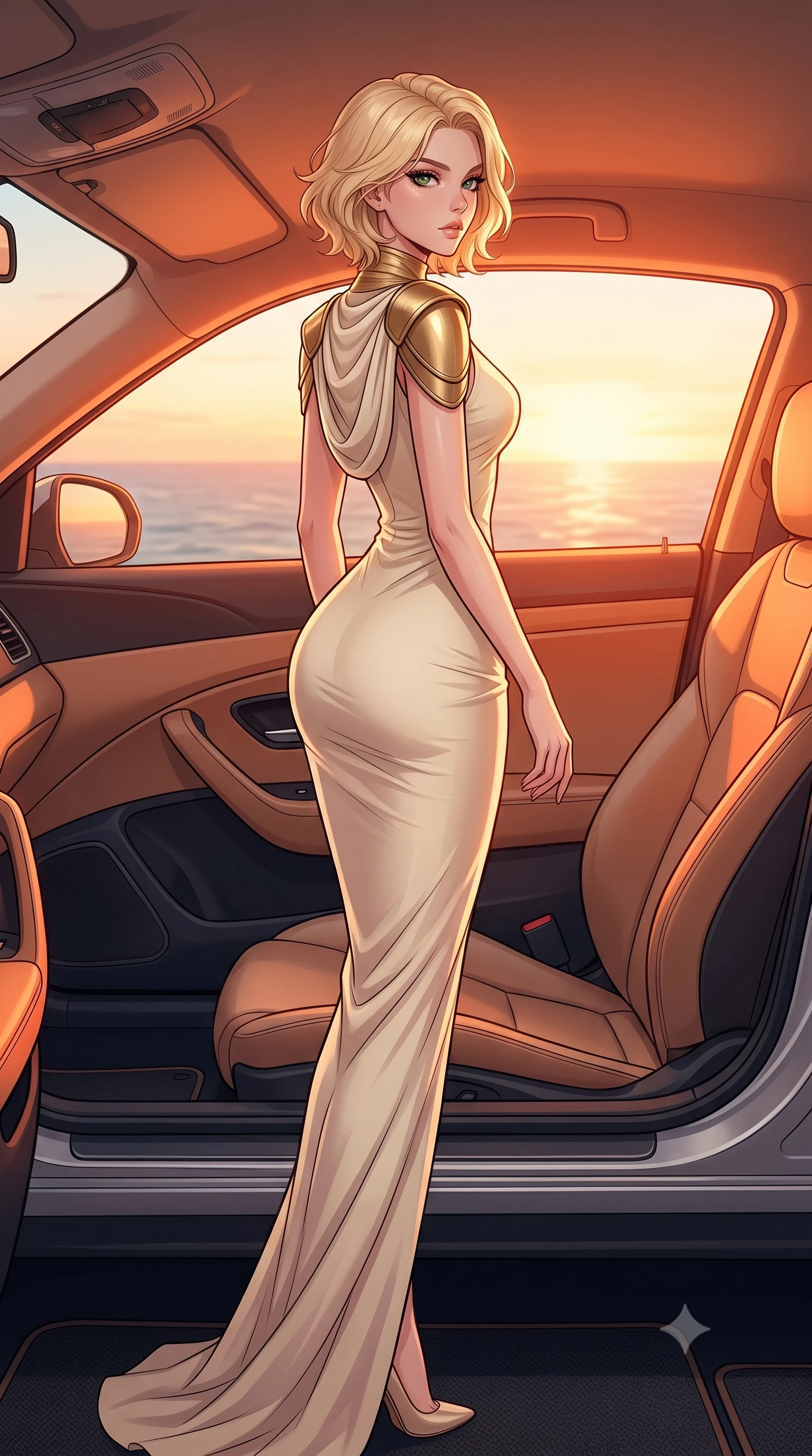 score_9, masterpiece, best quality, ultra-detailed, high-budget anime keyframe, tasteful artistic composition, Caucasian woman. low angle full-body shot from head to toe showing her feet, filling the entire 9:16 vertical frame with her statuesque presence, stretching her vertical silhouette. stepping gracefully while looking back over her shoulder, her dress draped tightly to reveal her silhouette the background shows a soft-focus the passenger seat of a luxury coupe overlooking the ocean horizon at sunset. She has an absolutely perfect, statuesque 8.5-heads proportion, an exceptionally tall and slender model-like female figure with impossibly long slender legs and an ultra-slim waist. sharp v-shaped jawline, high-bridge nose, intricate jewel-like eyes with depth, thick eyelashes, glossy lips with a natural sheen. wearing a slim-fit elegant galactic senate gown in cream cashmere, featuring structured metallic gold shoulder guards and a high-neck drape. warm sunset light filtering through the window, painting the interior in orange. highly saturated vibrant anime colors, cel-shading, 2d style, master piece, 9:16 ratio