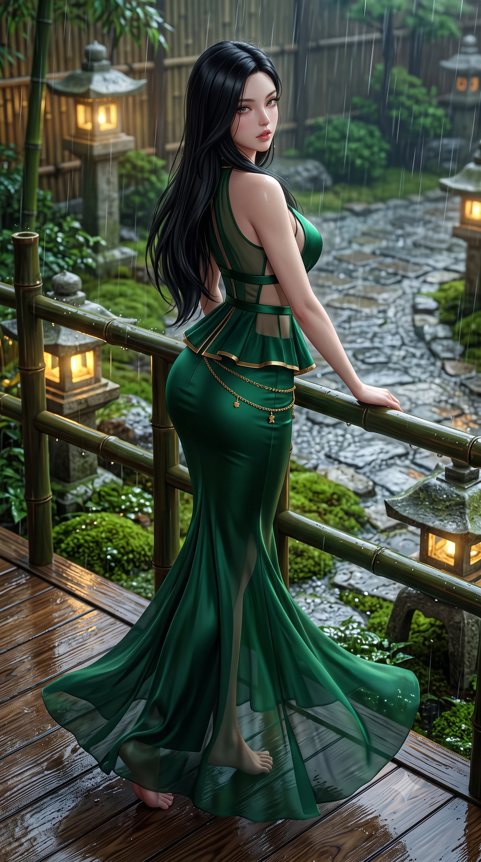 score_9, masterpiece, best quality, ultra-detailed, high-budget anime keyframe, semi-realistic 3D game render, editorial fashion photography, tasteful artistic composition, Korean woman. low angle full-body shot from head to toe showing her feet, filling the entire 9:16 vertical frame with her statuesque presence, stretching her vertical silhouette. executing an elegant mid-motion pivot turn as garments swirl around her slender limbs, glancing over her shoulder with an intoxicating bedroom-gaze while leaning against the dark bamboo veranda railing with lower back arched, gazing into the raindrops with parted glossy lips. The surrounding environment is rendered in vivid detail and crisp panoramic clarity. sharp wet cedar wood grain, distinct raindrop beads on moss, and stone lantern textures in deep focus. She has an exceptionally tall and slender model-like 8.5-heads proportion, an ultra-slim waist, a flat toned midriff, narrow delicate ribcage, and beautifully sculpted feminine hips creating a graceful, slim hourglass silhouette without any bulky heaviness, with impossibly long slender legs. sharp v-shaped jawline, high-bridge nose, intricate jewel-like eyes with depth, thick eyelashes, glossy parted lips with a natural sheen, intensely captivating and seductive bedroom-eyes expression, flawlessly proportioned anatomical accuracy, strict slender model proportions, natural body alignment, perfectly sculpted long slender limbs, ultra-slim waistline, clean dynamic posture without body distortion. wearing a structural geometric peplum gown with sheer side-ribbon cutouts and form-fitting skirt in deep emerald green satin and gold hardware, woven from layered gossamer chiffon with a weightless sweeping drape, accented with a delicate gold chain belt resting loosely on her curvy hips, the glove-like aerodynamic silhouette tightly following the natural contour of her hips and long slender legs with statuesque 8.5-heads elegance. bathed in soft rain-drenched cool ambient daylight and warm golden stone lantern downlights. highly saturated vibrant anime colors, detailed shading with soft gradients, rich glossy textures, high-contrast stereoscopic depth, volumetric dynamic lighting, master piece, 9:16 ratio
