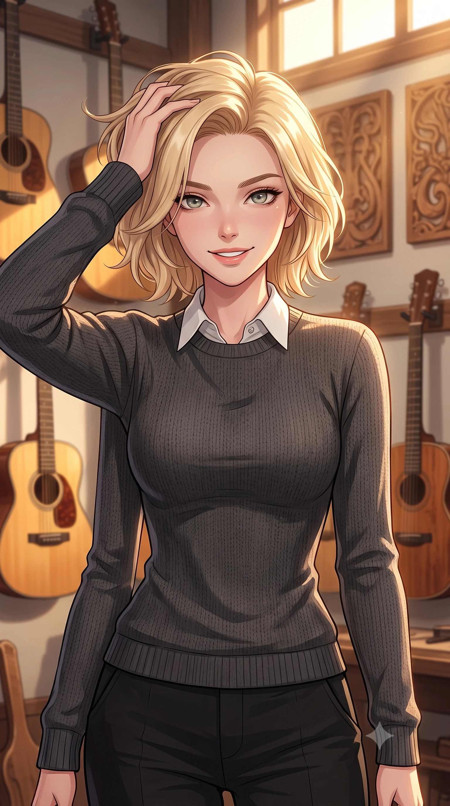 score_9, masterpiece, best quality, ultra-detailed, high-budget anime keyframe, tasteful artistic composition, Caucasian woman. close-up cowboy shot from the waist and thighs up, the character dominates the composition, filling the frame with her large presence, background elements kept in soft focus. smiling with quiet, magnetic self-assurance directly into the camera, running a hand through her hair the background shows a soft-focus a high-end instrument workshop with acoustic guitars and wood carvings hanging on the wall. She has an exceptionally elegant, slender, and willowy female figure with an ultra-slim waist, a gracefully sculpted slender torso, and a refined silhouette. sharp v-shaped jawline, high-bridge nose, intricate jewel-like eyes with depth, thick eyelashes, glossy lips with a natural sheen. wearing a slim-fit cozy charcoal grey knit sweater over a white collared shirt and black slacks. warm afternoon sunlight filtering through a high window, highlighting wood grains. highly saturated vibrant anime colors, cel-shading, 2d style, master piece, 9:16 ratio