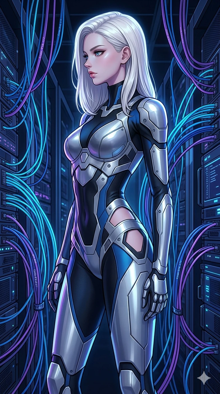 score_9, masterpiece, best quality, ultra-detailed, high-budget anime keyframe, editorial fashion photography, tasteful artistic composition, Caucasian woman, strictly human ears. cowboy shot from the thighs up, character and outfit filling the frame for maximum editorial presence. standing proud, her face turned in sharp profile, casting a cold and mysterious gaze inside a digital server room with neon blue fiber cables (Code-P16-117). She has an absolutely perfect 8-heads proportion, an exceptionally tall and slender female figure with impossibly long slender legs and an ultra-slim waist. V-shaped jawline, high-bridge nose, intricate jewel-like eyes with depth, thick eyelashes, glossy lips with a natural sheen. wearing a second-skin cyber-bodysuit with metallic silver plates and geometric hip cutouts. cool blue and violet neon light, highlighting the sleek contours of her athletic figure. 2k, ultra detail, master piece, 9:16 ratio