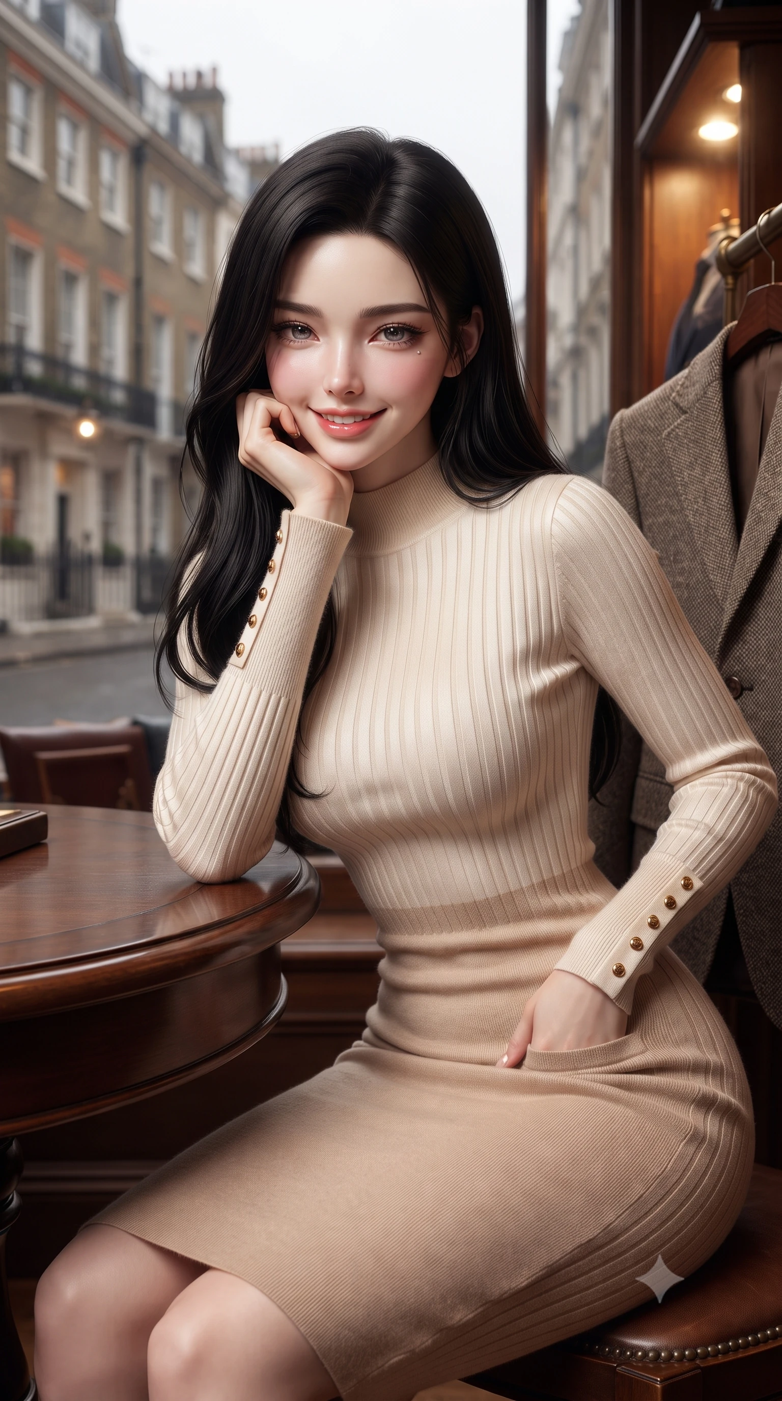 score_9, masterpiece, best quality, ultra-detailed, high-budget anime keyframe, editorial fashion photography, tasteful artistic composition, Korean woman. close-up cowboy shot from the waist and thighs up, the character dominates the composition, filling the frame with her large presence. resting one elbow on the table and supporting her chin, leaning close to the camera with heavy-lidded sparkling eyes and parted lips while pausing in front of the warm bay window of a heritage Savile Row tailor shop, one hand slipped gracefully into her tailored coat pocket. The background shows a soft-focus historic Georgian townhouse facades softened in moody London autumn shallow focus. She has an exceptionally elegant, slender, and willowy female figure with an ultra-slim waist, flat toned midriff, narrow ribcage, and sculpted feminine hips creating an alluring, slim hourglass silhouette without bulk. sharp v-shaped jawline, high-bridge nose, intricate jewel-like sparkling eyes with depth, thick eyelashes, glossy parted lips with a natural peach sheen, bright cheerful beaming smile with an enchanting and coquettish sensual glint, exuding both youthful cute charm and seductive allure, flawlessly proportioned anatomical accuracy, strict slender model proportions, natural body alignment, perfectly sculpted long slender limbs, ultra-slim waistline, clean dynamic posture without body distortion. wearing a sculpted cable-ribbed cashmere bodycon sweater dress with long fitted sleeves and a snug mock-neck tracing her slender silhouette in soft champagne ivory and warm biscuit beige, woven from fluid liquid silk jersey that clings smoothly to her narrow waist and rounded hips with a dewy sheen, accented with delicate gold button studs trailing down the snug sleeve cuffs, the liquid-tight tailored fabric clinging flawlessly to her narrow waist and rounded feminine hips, emphasizing every millimeter of her sculpted slim hourglass curves without any bulky heaviness. bathed in diffused London overcast sky light contrasted with warm incandescent shopfront display illumination. ultra-reflective glossy finish, specular highlights, rich textural contrasts, high-contrast stereoscopic depth, volumetric dynamic lighting, 2k, ultra detail, master piece, 9:16 ratio