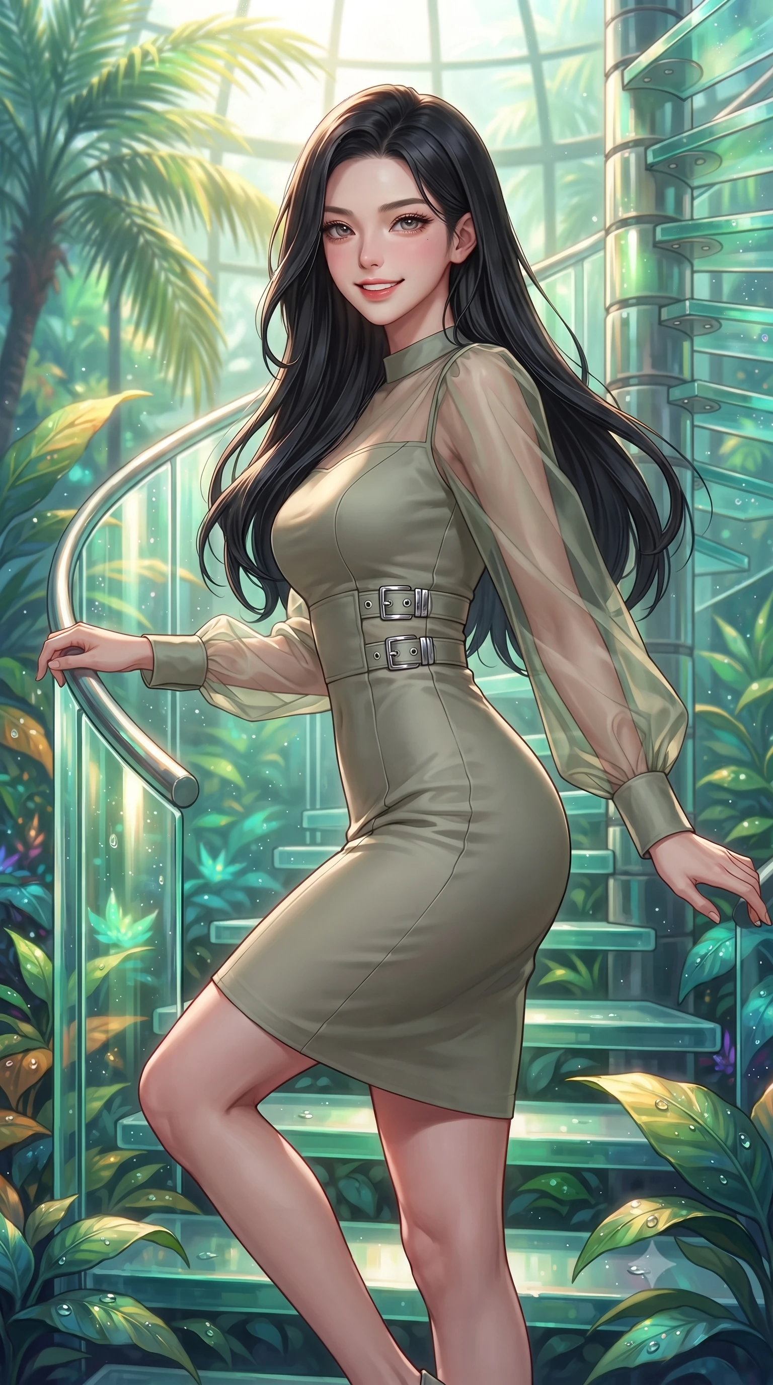 score_9, masterpiece, best quality, ultra-detailed, high-budget anime keyframe, editorial fashion photography, tasteful artistic composition, Korean woman. close-up cowboy shot from the waist and thighs up, the character dominates the composition, filling the frame with her large presence, background elements kept in soft focus. Smiling with quiet, magnetic self-assurance directly into the lens ascending a vertical spiral glass staircase enveloped by tropical sunbeams, dewdrops on bioluminescent leaves reflecting vibrant emerald and gold. She has an exceptionally elegant, slender, and willowy female figure with an ultra-slim waist, a gracefully sculpted slender torso, and a refined silhouette. sharp v-shaped jawline, high-bridge nose, intricate jewel-like eyes with depth, thick eyelashes, glossy lips with a natural sheen. wearing a sleek bodycon knit dress with sheer organza sleeve panels in sage green and oatmeal, crafted from smooth liquid silk, detailed with polished silver buckles along the waistline, the form-contouring material highlighting her ultra-slim waist and long lines. surrounded by a bright, airy ambiance with radiant white and green highlights. highly saturated vibrant anime colors, detailed shading with soft gradients, rich glossy textures, high-contrast stereoscopic depth, volumetric dynamic lighting, master piece, 9:16 ratio