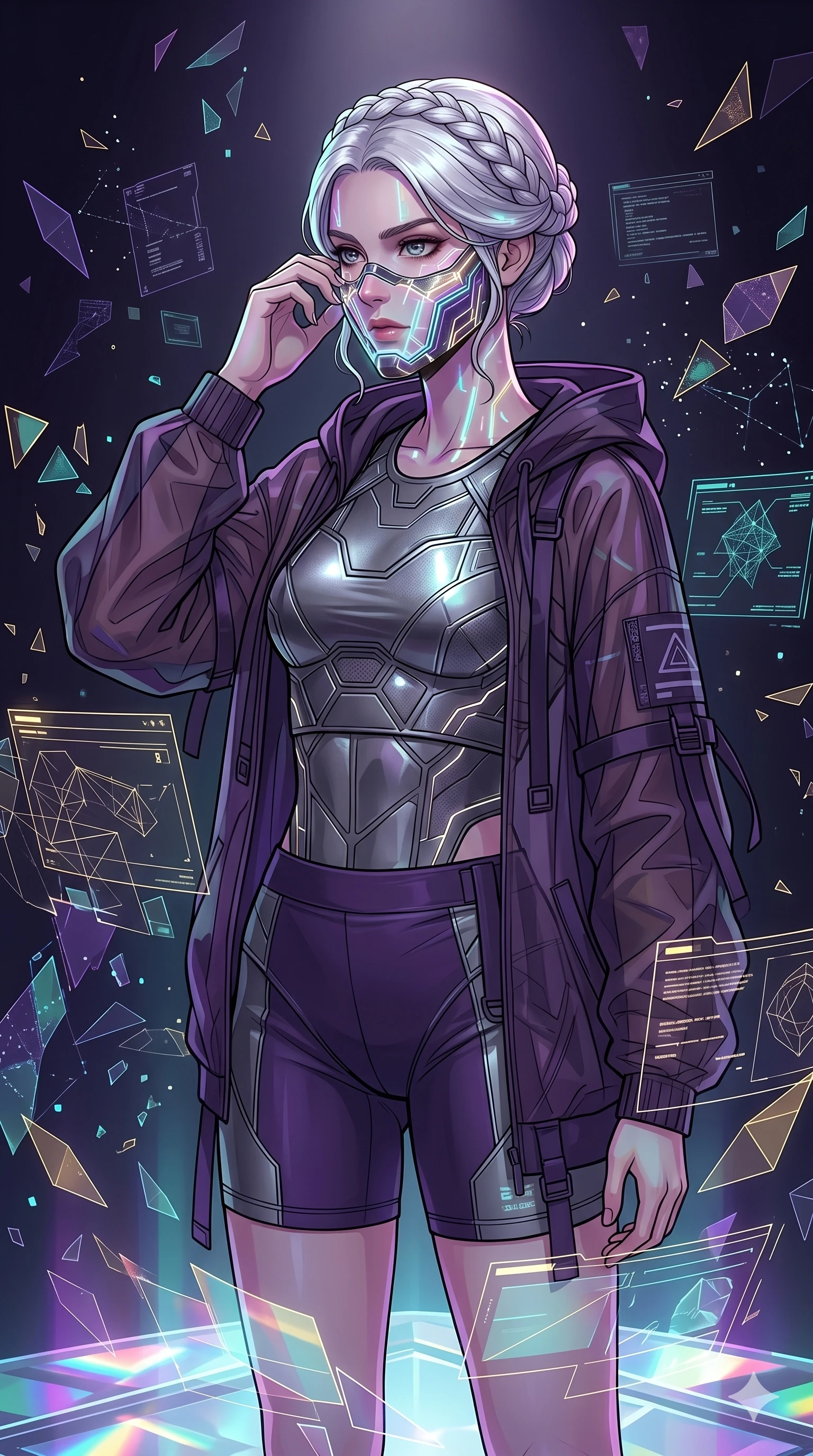 score_9, masterpiece, best quality, ultra-detailed, high-budget anime movie keyframe, cinematic anime lighting, intricate line art, Caucasian (strictly human ears) woman. Medium shot of upper body capturing the intricate details of her high-fashion attire. adjusting a glowing mask in a minimalist digital void surrounded by floating data-shards. She has an absolutely perfect 8-heads proportion, an exceptionally tall and slender female figure with an ultra-slim waist and impossibly long slender legs. sharp v-shaped jawline, high-bridge nose, intricate jewel-like eyes, thick eyelashes, glossy lips. Wearing premium athleisure set with a metallic-finish compression top, high-cut yoga shorts that accentuate her long legs, and a sheer oversized hoodie. The scene is illuminated by dramatic atmospheric lighting and vibrant color palettes. , 2k, ultra detail, master piece, 9:16 ratio