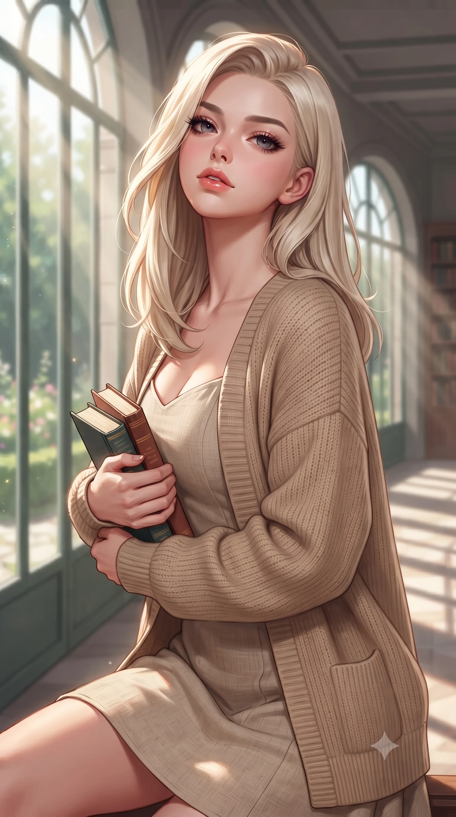 score_9, masterpiece, best quality, ultra-detailed, high-budget anime keyframe, editorial fashion photography, tasteful artistic composition, Caucasian woman. close-up cowboy shot from the waist and thighs up, the character dominates the composition, filling the frame with her large presence, background elements kept in soft focus. tilting her chin up with a composed yet magnetic gaze under long dark eyelashes set against a soft-focus background of in a quiet library corridor with glass panels showing a peaceful garden outside holding a small stack of classic novels with a bright, proud look. She has an exceptionally elegant, slender, and willowy female figure with an ultra-slim waist, a gracefully sculpted slender torso, and a refined silhouette. sharp v-shaped jawline, high-bridge nose, intricate jewel-like eyes with depth, thick eyelashes, glossy lips with a natural sheen. wearing form-contouring cozy knit cardigan in beige, layered over a casual linen dress. bright morning sunbeams slicing through the tall arched windows. highly saturated vibrant anime colors, detailed shading with soft gradients, rich glossy textures, high-contrast stereoscopic depth, volumetric dynamic lighting, master piece, 9:16 ratio