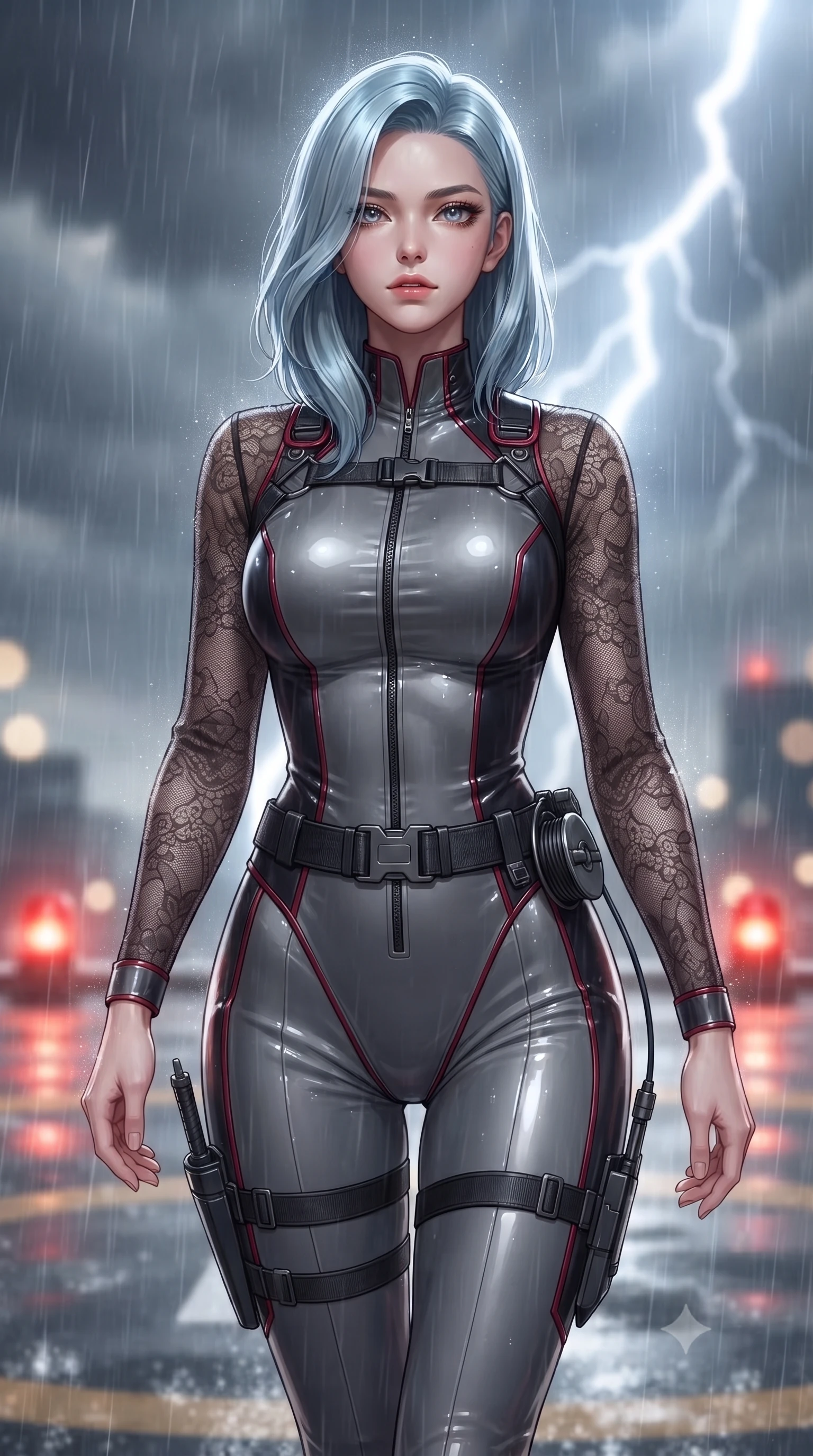 score_9, masterpiece, best quality, ultra-detailed, high-budget anime keyframe, editorial fashion photography, tasteful artistic composition, Korean woman. close-up cowboy shot from the waist and thighs up, the character dominates the composition, filling the frame with her large presence. tilting her chin up with proud, sovereign confidence while gazing directly into the lens with thick, dark eyelashes while striding through the rainstorm with lethal grace, grappling gun holstered at her hip as thunder rumbles overhead. The composition keeps background elements in soft focus with creamy bokeh. helipad perimeter warning beacons and swirling storm rain sheets softened in cinematic shallow focus. She has an exceptionally elegant, slender, and willowy female figure with an ultra-slim waist, a gracefully sculpted slender torso, toned flat midriff, and a refined slim silhouette. sharp v-shaped jawline, high-bridge nose, intricate jewel-like eyes with depth, thick eyelashes, glossy lips with a natural sheen, captivating and magnetic expression, flawlessly proportioned anatomical accuracy, strict slender model proportions, natural body alignment, perfectly sculpted long slender limbs, ultra-slim waistline, clean dynamic posture without body distortion. wearing an elite assassin velvet-and-leather hybrid bodysuit with sheer lace sleeves and dagger sheath garter in storm grey and dark scarlet trim, crafted from matte cybernetic vinyl with concealed magnetic locks, equipped with a grappling cable spool mechanism and tactical waist belt, the liquid-tight tailored fabric emphasizing every curve of her tall, slender model proportions and sculptured silhouette during dynamic movement. bathed in blinding white storm lightning flash backlighting and warm amber perimeter beacon fill. ultra-reflective glossy finish, specular highlights, rich textural contrasts, high-contrast stereoscopic depth, volumetric dynamic lighting, 2k, ultra detail, master piece, 9:16 ratio