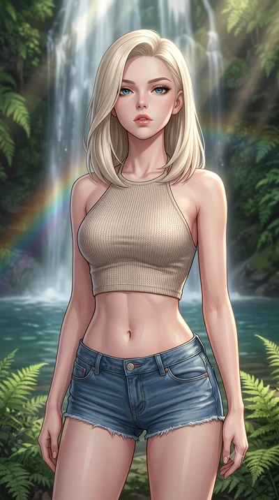 score_9, masterpiece, best quality, ultra-detailed, high-budget anime keyframe, editorial fashion photography, tasteful artistic composition, Caucasian woman woman. close-up cowboy shot from the waist and thighs up, the character dominates the compos