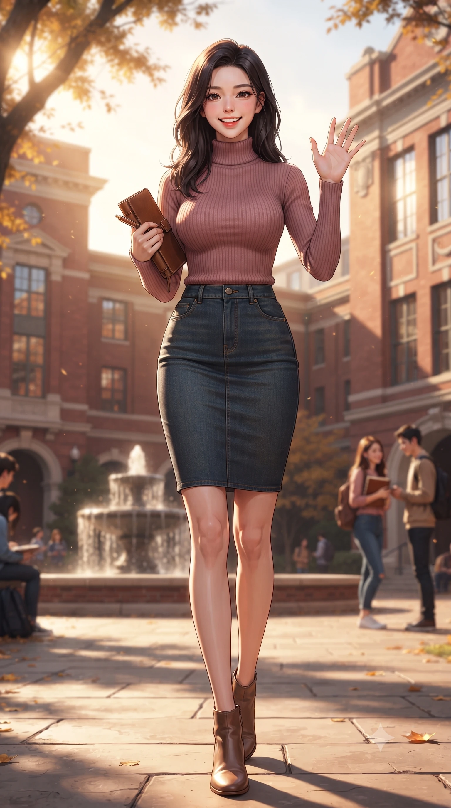 score_9, masterpiece, best quality, ultra-detailed, high-budget anime keyframe, editorial fashion photography, tasteful artistic composition, Korean woman. low angle full-body shot from head to toe showing her feet, filling the entire 9:16 vertical frame with her statuesque presence, stretching her vertical silhouette. stepping forward with a bright, cheerful smile, waving happily at the viewer set against a soft-focus background of on a sun-drenched university campus quad surrounded by historic red-brick lecture halls holding a leather-bound journal and a matching pen. She has an absolutely perfect, statuesque 8.5-heads proportion, an exceptionally tall and slender model-like female figure with impossibly long slender legs and an ultra-slim waist. sharp v-shaped jawline, high-bridge nose, intricate jewel-like eyes with depth, thick eyelashes, glossy lips with a natural sheen. wearing body-hugging form-fitting ribbed knit turtleneck in dusty rose, tucked into a slim denim pencil skirt. warm golden sunbeams reflecting off the red-brick walls and glass windows. ultra-reflective glossy finish, specular highlights, metallic sheen, high-contrast stereoscopic depth, volumetric dynamic lighting, 2k, ultra detail, master piece, 9:16 ratio