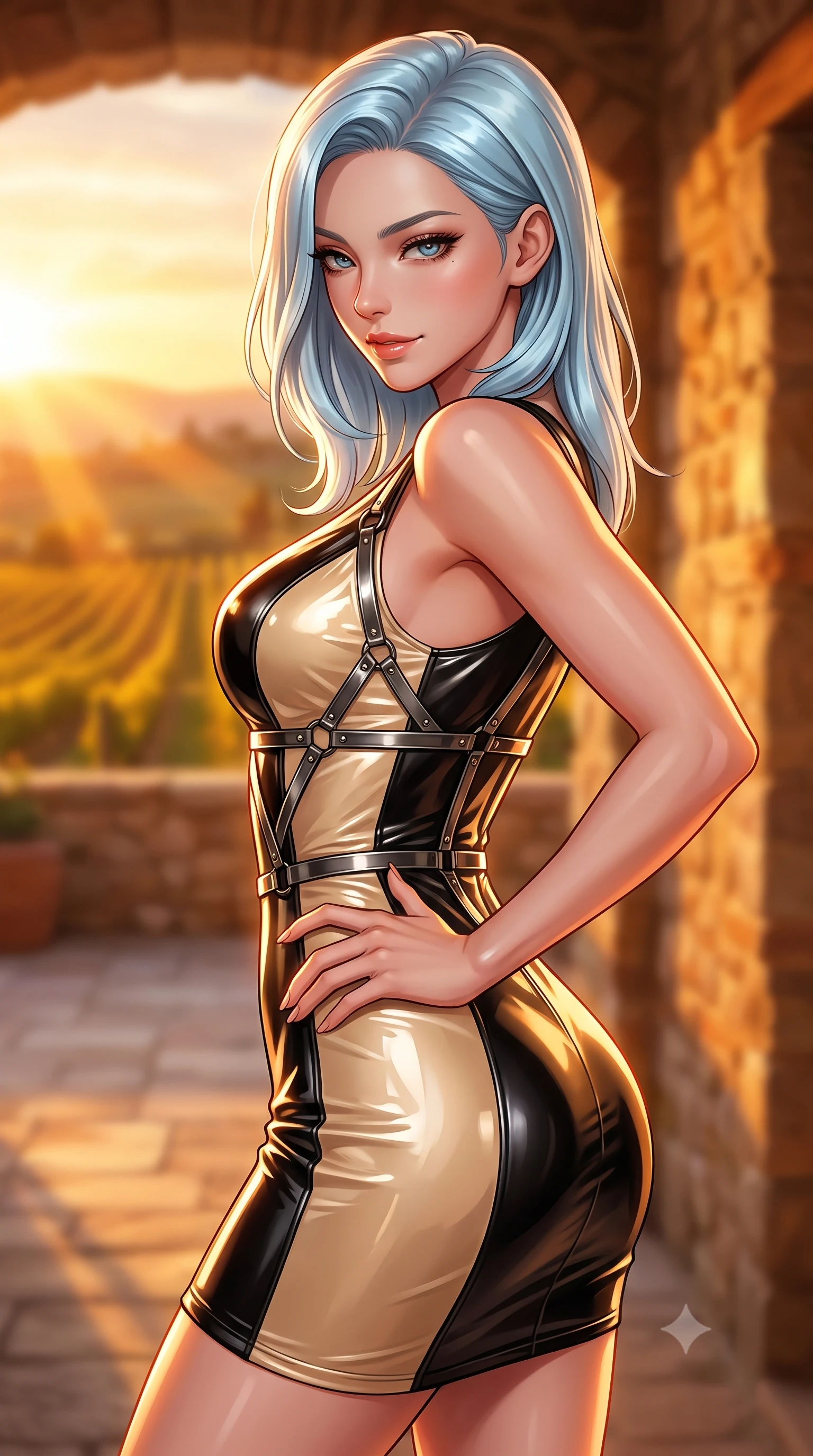 score_9, masterpiece, best quality, ultra-detailed, high-budget anime keyframe, editorial fashion photography, tasteful artistic composition, Korean woman. close-up cowboy shot from the waist and thighs up, the character dominates the composition, filling the frame with her large presence, background elements kept in soft focus. Glancing sidelong over her shoulder with a smoldering, enigmatic half-smile, standing on a limestone terrace of a Tuscan villa overlooking golden vineyards at sunset, intense golden-hour sunbeams casting warm amber light across her skin. She has an exceptionally elegant, slender, and willowy female figure with an ultra-slim waist, a gracefully sculpted slender torso, and a refined silhouette. sharp v-shaped jawline, high-bridge nose, intricate jewel-like eyes with depth, thick eyelashes, glossy lips with a natural sheen. wearing precision-fitted bodycon dress in high-gloss liquid vinyl in champagne gold, made of polished black leather, highlighted by a gunmetal metallic harness structure, highlighting her statuesque proportions and ultra-slim waistline. illuminated by rich amber daylight and warm fill light from stone walls. highly saturated vibrant anime colors, detailed shading with soft gradients, rich glossy textures, high-contrast stereoscopic depth, volumetric dynamic lighting, master piece, 9:16 ratio
