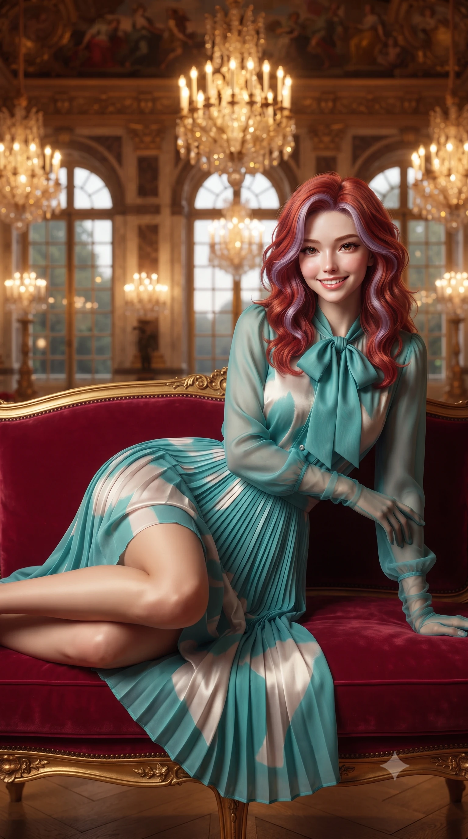 score_9, masterpiece, best quality, ultra-detailed, high-budget anime keyframe, editorial fashion photography, tasteful artistic composition, Caucasian woman. close-up cowboy shot from the waist and thighs up, the character dominates the composition, filling the frame with her large presence. perched sideways on the lounge seat, one knee drawn up to showcase her slender leg line while her arched back accentuates her feminine hip curve while reclining gracefully across the crimson velvet French settee propped on one elbow, displaying her long slender limbs and statuesque hourglass silhouette with sovereign elegance. The background shows a soft-focus flickering multi-tiered crystal chandeliers, gilded allegorical ceiling frescoes, and moonlit Baroque palace gardens through tall arched French windows blurred into champagne, amber, and gold bokeh. She has an exceptionally elegant, slender, and willowy female figure with an ultra-slim waist, flat toned midriff, narrow ribcage, and sculpted feminine hips creating an alluring, slim hourglass silhouette without bulk. sharp v-shaped jawline, high-bridge nose, intricate jewel-like sparkling eyes with depth, thick eyelashes, glossy parted lips with a natural peach sheen, bright cheerful beaming smile with an enchanting and coquettish sensual glint, exuding both youthful cute charm and seductive allure, flawlessly proportioned anatomical accuracy, strict slender model proportions, natural body alignment, perfectly sculpted long slender limbs, ultra-slim waistline, clean dynamic posture without body distortion. wearing an elegant long-sleeve silk georgette tea dress with pleated A-line skirt and neck pussy-bow in Sentosa tropical coral reef teal and pure iridescent pearl, crafted from bespoke double-faced cashmere with an exceptionally soft tactile finish, complemented by sheer opera-length evening gloves tracing her slender arms, the bespoke structured tailoring following the natural line of her 8.5-heads silhouette with refined elegance. bathed in the warm radiant 2600K golden illumination of hundreds of crystal chandelier lamps dimmed to an intimate evening glow. ultra-reflective glossy finish, specular highlights, rich textural contrasts, high-contrast stereoscopic depth, volumetric dynamic lighting, 2k, ultra detail, master piece, 9:16 ratio