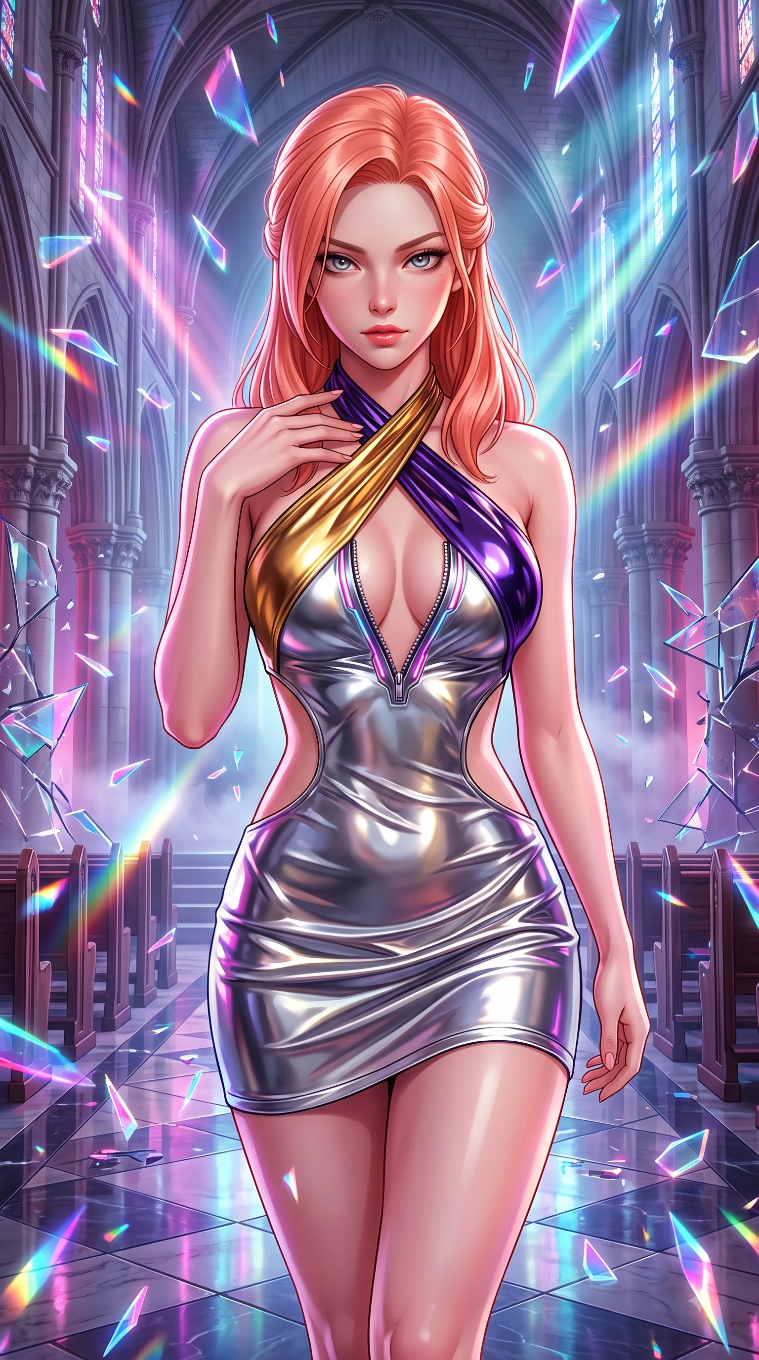score_9, masterpiece, best quality, ultra-detailed, high-budget anime keyframe, semi-realistic 3D game render, editorial fashion photography, tasteful artistic composition, Japanese woman. close-up cowboy shot from the waist and thighs up, the character dominates the composition, filling the frame with her large presence. leaning forward with a dangerous, enticing smolder, resting one hand near her collarbone while casting a fiery, magnetic direct gaze while landing gracefully on a polished cathedral aisle as prismatically refracted neon shards rain down. The surrounding environment is rendered in vivid detail and crisp panoramic clarity. volumetric neon light rays cutting through fog and shattered architecture rendered in panoramic precision. She has an exceptionally elegant, slender, and willowy female figure with an ultra-slim waist, a gracefully sculpted slender torso, and a refined silhouette. sharp v-shaped jawline, high-bridge nose, intricate jewel-like eyes with depth, thick eyelashes, glossy lips with a natural sheen, flawlessly proportioned anatomical accuracy, natural body alignment, perfectly sculpted elegant limbs, clean dynamic posture without body distortion. wearing a molten silver liquid-metal mini dress featuring deep side-waist cutouts and a daring crossover halter neckline in lustrous molten gold and pure deep violet, formed from high-gloss patent material with specular light reflections, featuring a dangerously unzipped neckline framed by glowing cybernetic accents, the glove-like fit tightly following every curve of her statuesque athletic build. backlit by intense multi-colored neon light rays and volumetric dawn light filtering through fog. highly saturated vibrant anime colors, detailed shading with soft gradients, rich glossy textures, high-contrast stereoscopic depth, volumetric dynamic lighting, master piece, 9:16 ratio