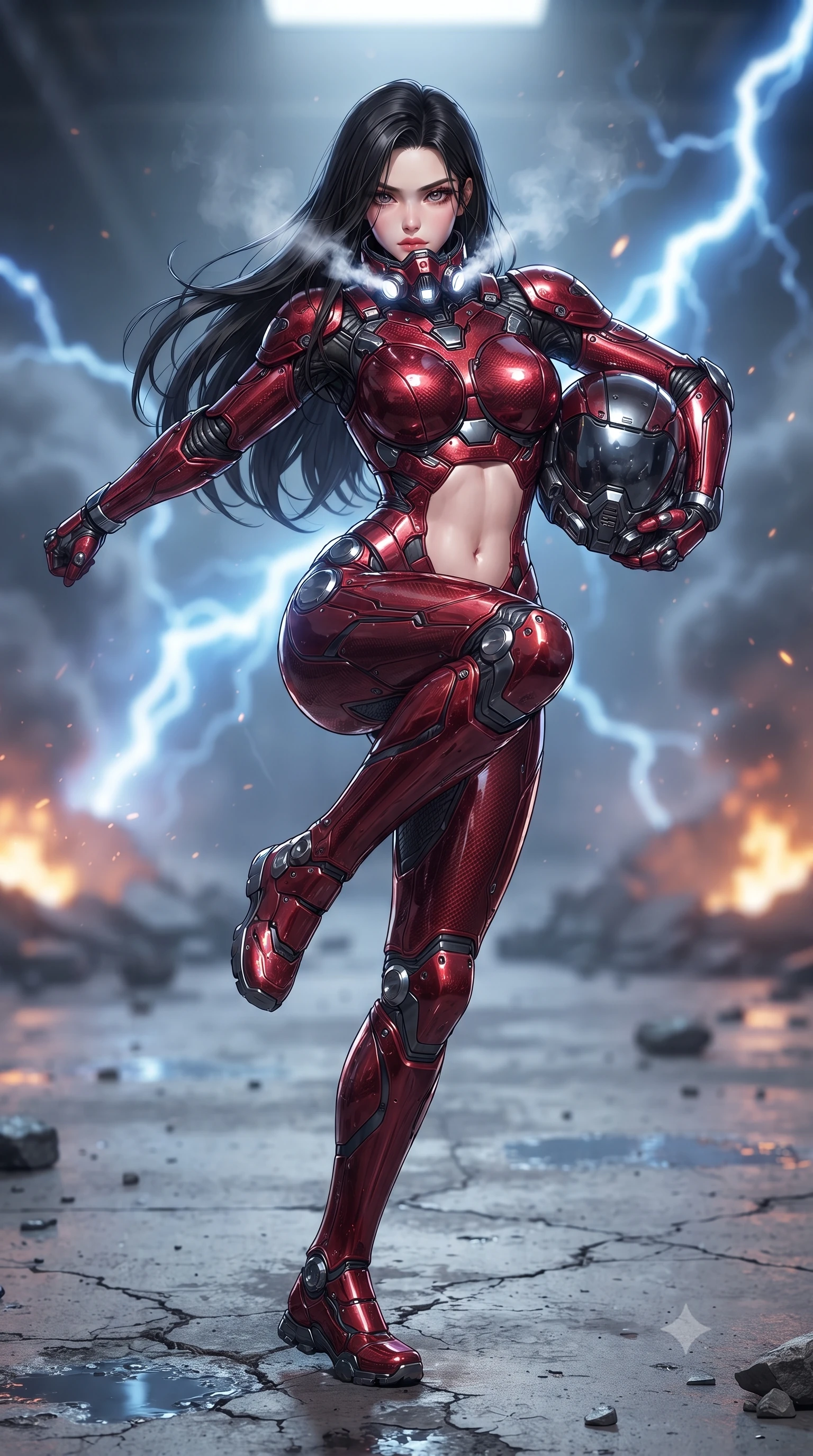 score_9, masterpiece, best quality, ultra-detailed, high-budget anime keyframe, editorial fashion photography, tasteful artistic composition, Korean woman. low angle full-body shot from head to toe showing her feet, filling the entire 9:16 vertical frame with her statuesque presence, stretching her vertical silhouette. pivoting dynamically in a high-speed low sweep kick along the cracked concrete, her athletic torso and ultra-slim waist twisting in a fluid arc of power while pivoting dynamically as her half-face rebreather vents glowing white vapor, her captivating eyes locked onto the viewer with fierce intent. The composition keeps background elements in soft focus with creamy bokeh. crackling blue EMP lightning arcs and smoking crater rims blurred into dazzling sapphire, white-hot, and pitch-black bokeh. She has an absolutely perfect, statuesque 8.5-heads proportion, an exceptionally tall and slender model-like female figure with impossibly long slender legs, a toned flat midriff, and an ultra-slim waist. sharp v-shaped jawline, high-bridge nose, intricate jewel-like eyes with depth, thick eyelashes, glossy lips with a natural sheen, fierce and resolute heroine expression, flawlessly proportioned anatomical accuracy, strict slender model proportions, natural body alignment, perfectly sculpted long slender limbs, ultra-slim waistline, clean dynamic posture without body distortion. holding a modular carbon battle-helmet under one arm, her flawless face and sculpted neck exposed to the rain with determined warrior focus, paired with a form-contouring high-mobility battle-suit featuring sculpted carbon chest plating, diagonal midriff ventilation cutouts, and kinetic knee vambraces in deep battle-scarred crimson carbon weave with specular dark chrome accents, formed from high-gloss patent carbon-plating with specular dystopian chiaroscuro reflections, detailed with kinetic shock-dampening knuckle guards and polished chrome connection joints, the precision-cut daring openings accentuating her delicate midriff, graceful bare collarbones, and ultra-slim feminine waistline. bathed in blinding blue EMP lightning flash backlighting and warm amber crater ember glow. ultra-reflective glossy finish, specular highlights, dark metallic sheen, high-contrast stereoscopic depth, volumetric dynamic lighting, 2k, ultra detail, master piece, 9:16 ratio