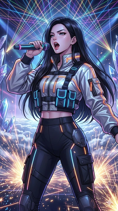 score_9, masterpiece, best quality, ultra-detailed, high-budget anime movie keyframe, cinematic anime lighting, intricate line art, Japanese woman. Upper body filling screen focusing on her alluring features and slim-fit silhouette. singing on a lase