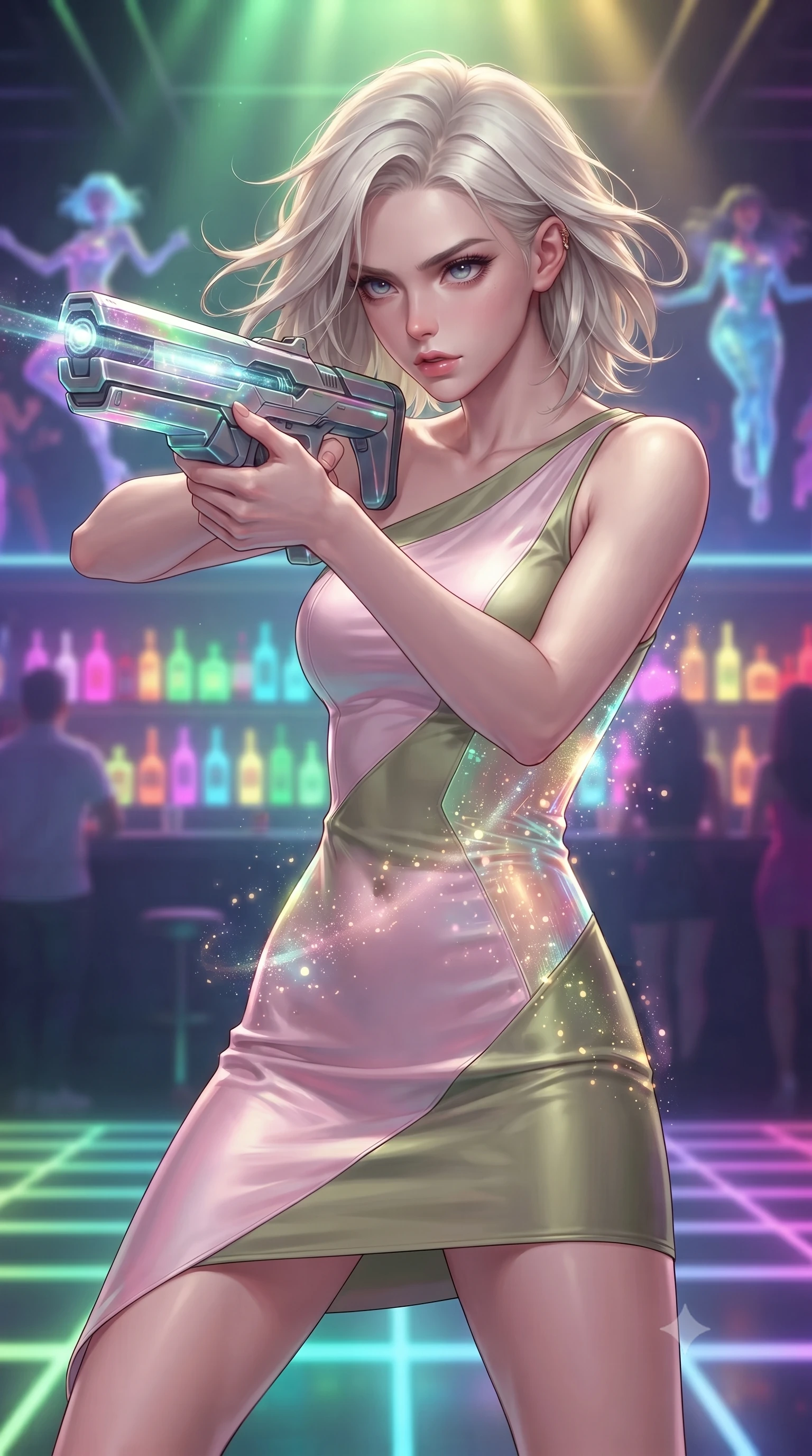 score_9, masterpiece, best quality, ultra-detailed, high-budget anime keyframe, editorial fashion photography, tasteful artistic composition, realistic cosplay photography, Caucasian woman, strictly human ears. close-up cowboy shot from the waist and thighs up, the character dominates the composition, filling the frame with her large presence, background elements kept in soft focus. Aiming a sleek holographic railgun with intense focused gaze and wind-blown hair. set against a soft-focus background of a crowded underground bar with a neon grid dance floor, holographic dancers floating above a bar lined with colorful glowing bottles. She has an exceptionally elegant and slender, willowy female figure with an ultra-slim waist, a gracefully sculpted slender torso, and a refined slim physique. sharp v-shaped jawline, high-bridge nose, intricate jewel-like eyes with depth, thick eyelashes, glossy lips with a natural sheen. wearing catching and diffusing the glowing particles, shimmering softly in response to the surrounding light, a form-contouring sleek asymmetric one-shoulder dress in pastel pink and olive green silk, following her slender frame with sharp lines. illuminated by a shifting aurora palette of green violet and gold from above. ultra-reflective glossy finish, specular highlights, metallic sheen, high-contrast stereoscopic depth, volumetric dynamic lighting, 2k, ultra detail, master piece, 9:16 ratio