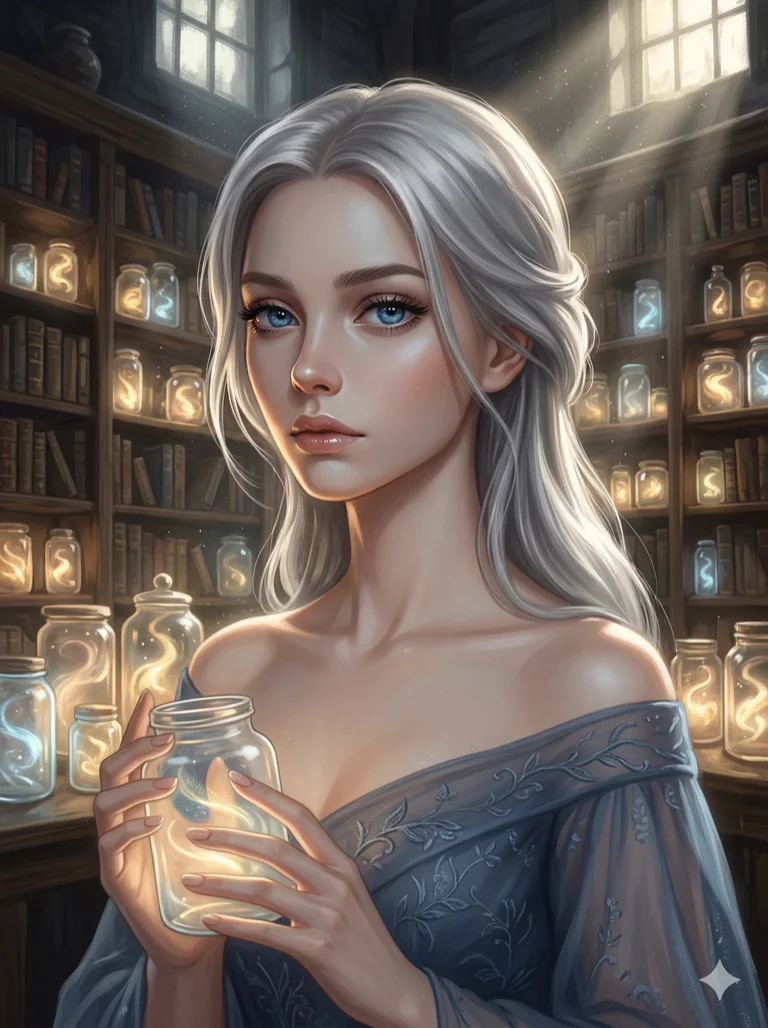 score_9, masterpiece, best quality, ultra-detailed, highend animation style, an incredibly beautiful ethereal Caucasian woman with flawless pale skin (strictly human ears). Close-up portrait filling more than half of the frame. She is a librarian of lost voices, her library filled with glowing jars that contain whispers of the past. She has an absolutely perfect petite and compact proportion, a petite female figure with a delicate skinny figure. Her face is a highly detailed masterpiece featuring a v-shaped jawline, high-bridge nose, intricate sapphire-like eyes, thick eyelashes, and glossy lips. She has silver flowing hair. She is wearing an off-shoulder sheer fabric dress, highlighting her alluring silhouette. Dusty library with beams of sunlight and glowing jars, dramatic rim lighting, radiant glowing skin, cinematic dynamic light, 2k, ultra detail, master piece, 3:4 ratio