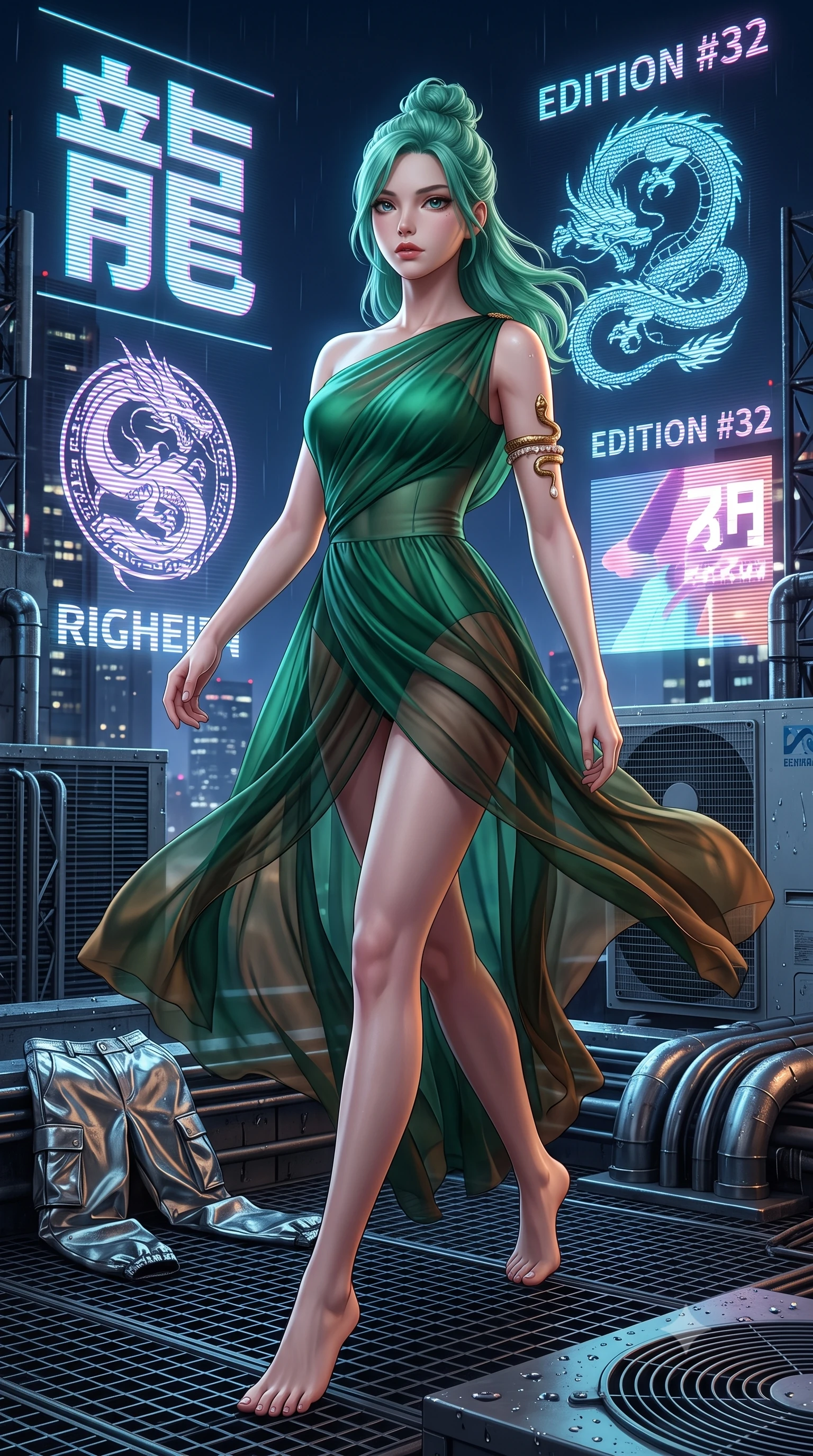 score_9, masterpiece, best quality, ultra-detailed, high-budget anime keyframe, semi-realistic 3D game render, editorial fashion photography, tasteful artistic composition, Japanese woman. low angle full-body shot from head to toe showing her feet, filling the entire 9:16 vertical frame with her statuesque presence, stretching her vertical silhouette. striding forward in a proud, dynamic supermodel runway stride, her statuesque vertical silhouette commanding the entire frame while pivoting with energetic street-dance momentum as giant holographic animated logos flash across the night sky behind her. The surrounding environment is rendered in vivid detail and crisp panoramic clarity. sharp holographic projection scanlines, rain droplets beaded on metallic cargo pants, and rooftop grating in deep focus. She has an absolutely perfect, statuesque 8.5-heads proportion, an exceptionally tall and slender model-like female figure with impossibly long slender legs, a toned flat midriff, and an ultra-slim waist. sharp v-shaped jawline, high-bridge nose, intricate jewel-like eyes with depth, thick eyelashes, glossy lips with a natural sheen, captivating and magnetic expression, flawlessly proportioned anatomical accuracy, strict slender model proportions, natural body alignment, perfectly sculpted long slender limbs, ultra-slim waistline, clean dynamic posture without body distortion. wearing an ethereal emerald-green silk chiffon gown with an asymmetric shoulder drape and sheer layered skirt in deep emerald green and bronze, woven from airy multi-layered silk chiffon with a weightless drape, accented with a sculptured gold serpent armlet and pearl drops edition #32, the form-contouring material adhering flawlessly to her sculpted flat midriff and slender torso, emphasizing her long leg lines and perfectly proportioned willowy build. illuminated by crisp rim lights accentuating her ultra-slim waistline and long athletic limbs. highly saturated vibrant anime colors, detailed shading with soft gradients, rich glossy textures, high-contrast stereoscopic depth, volumetric dynamic lighting, master piece, 9:16 ratio