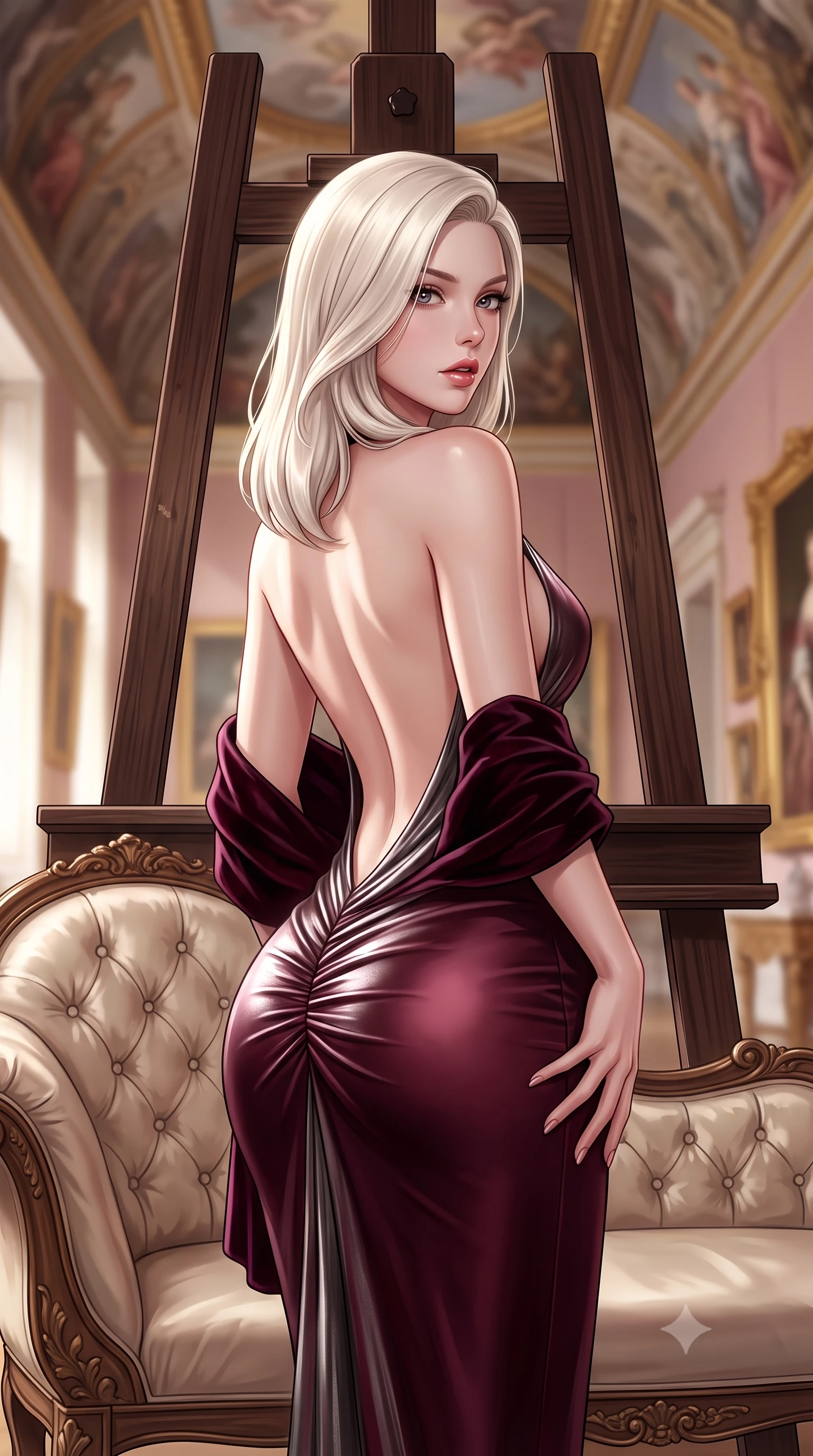 score_9, masterpiece, best quality, ultra-detailed, high-budget anime keyframe, semi-realistic 3D game render, editorial fashion photography, tasteful artistic composition, Caucasian woman. close-up cowboy shot from the waist and thighs up, the character dominates the composition, filling the frame with her large presence. posing in an alluring rear three-quarter angle, arching her lower back in a pronounced S-curve with one hand on her hip, glancing seductively over her bare shoulder with parted glossy lips while reclining languidly on an antique tufted silk chaise lounge before a colossal Renaissance easel, arching her back with supermodel grace. The composition keeps background elements in soft focus with creamy bokeh. towering Renaissance ceiling frescoes and gilded painting frames blurred into antique gold, soft rose, and alabaster bokeh. She has an exceptionally elegant, slender, and willowy female figure with an ultra-slim waist, flat toned midriff, narrow ribcage, and sculpted feminine hips creating an alluring, slim hourglass silhouette without bulk. sharp v-shaped jawline, high-bridge nose, intricate jewel-like eyes with depth, thick eyelashes, glossy parted lips with a natural sheen, intensely captivating and seductive bedroom-eyes expression, flawlessly proportioned anatomical accuracy, strict slender model proportions, natural body alignment, perfectly sculpted long slender limbs, ultra-slim waistline, clean dynamic posture without body distortion. wearing a plunging halter-neck metallic lamé column dress with a dramatic bare spine and hip-defining ruching in deep wine burgundy and brushed dark platinum, tailored from ultra-smooth duchess satin with a pearlescent sheen, complemented by a plush velvet shawl draped loosely over her elbows, the dramatically scooped open back descending to the base of her spine, accentuating her razor-sharp statuesque lines and slim hourglass silhouette. illuminated by crisp sculptural key lighting carving her narrow waist, curved hips, and statuesque limbs. highly saturated vibrant anime colors, detailed shading with soft gradients, rich glossy textures, high-contrast stereoscopic depth, volumetric dynamic lighting, master piece, 9:16 ratio