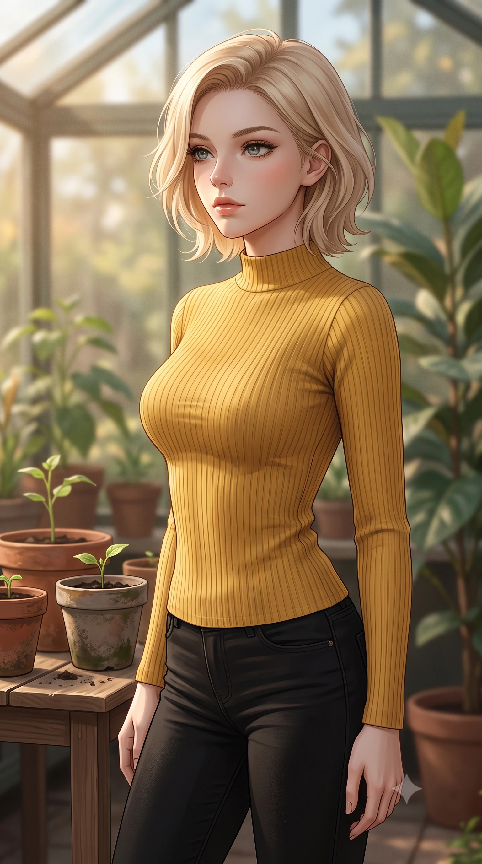 score_9, masterpiece, best quality, ultra-detailed, high-budget anime keyframe, editorial fashion photography, tasteful artistic composition, Caucasian woman woman. close-up cowboy shot from the waist and thighs up, the character dominates the composition, filling the frame with her large presence, background elements kept in soft focus. looking past the camera with a peaceful, thoughtful gaze, enjoying the warm sunlight the background shows a soft-focus a small wooden table inside a cozy garden greenhouse, surrounded by clay pots and seedlings. She has an exceptionally elegant, slender, and willowy female figure with an ultra-slim waist, a gracefully sculpted slender torso, and a refined silhouette. sharp v-shaped jawline, high-bridge nose, intricate jewel-like eyes with depth, thick eyelashes, glossy lips with a natural sheen. wearing a form-contouring tight-fitting ribbed mock-neck top in mustard yellow paired with black skinny pants. warm, diffused daylight creating a quiet and productive mood. 2k, ultra detail, master piece, 9:16 ratio