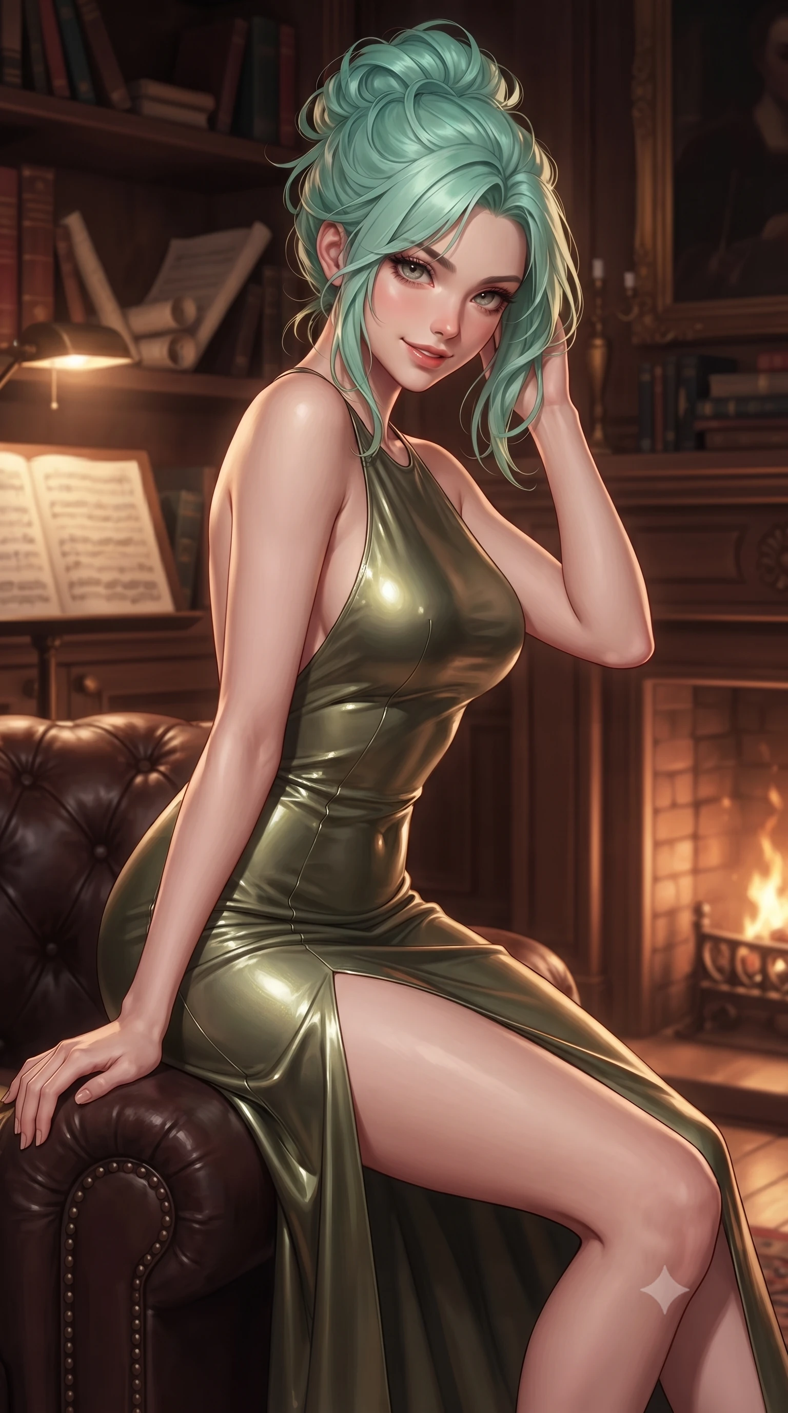 score_9, masterpiece, best quality, ultra-detailed, high-budget anime keyframe, editorial fashion photography, tasteful artistic composition, Japanese woman. close-up cowboy shot from the waist and thighs up, the character dominates the composition, filling the frame with her large presence, background elements kept in soft focus. leaning slightly forward with a playful, teasing smile, her gaze locked onto the viewer the background shows a soft-focus the private study of a theater director with leather chairs and music sheets. She has an exceptionally elegant, slender, and willowy female figure with an ultra-slim waist, a gracefully sculpted slender torso, and a refined silhouette. sharp v-shaped jawline, high-bridge nose, intricate jewel-like eyes with depth, thick eyelashes, glossy lips with a natural sheen. wearing a slim-fit dramatic open-back maxi dress in olive green, featuring a high thigh slit. warm fireplace light casting cozy, intimate shadows on the wooden shelves. ultra-reflective glossy finish, specular highlights, metallic sheen, high-contrast stereoscopic depth, volumetric dynamic lighting, 2k, ultra detail, master piece, 9:16 ratio