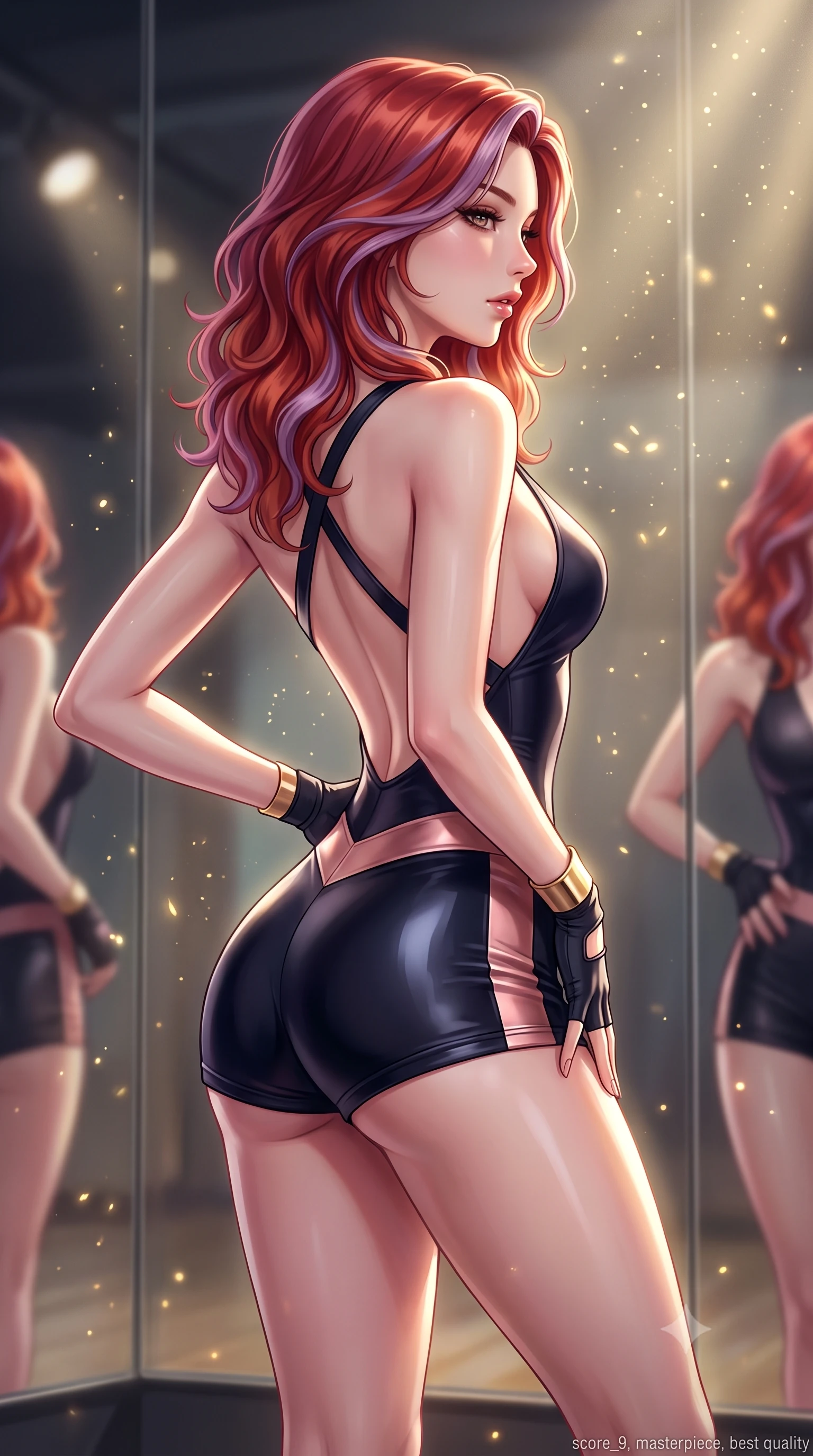 score_9, masterpiece, best quality, ultra-detailed, high-budget anime keyframe, semi-realistic 3D game render, editorial fashion photography, tasteful artistic composition, Caucasian woman. close-up cowboy shot from the waist and thighs up, the character dominates the composition, filling the frame with her large presence. arching her spine backward with effortless dancer poise, one hand sliding along her hip line as directional light carves specular highlights along her silhouette while executing an elegant mid-motion arabesque turn before the mirrors, the tight fabric sculpting her feminine hip contour with statuesque precision. The composition keeps background elements in soft focus with creamy bokeh. floating micro-chalk particles and spotlight beams scattering luminous golden light motes. She has an exceptionally elegant, slender, and willowy female figure with an ultra-slim waist, a gracefully sculpted slender torso, toned flat midriff, and rounded feminine hips creating an alluring hourglass silhouette. sharp v-shaped jawline, high-bridge nose, intricate jewel-like eyes with depth, thick eyelashes, glossy parted lips with a natural sheen, intensely captivating and seductive bedroom-eyes expression, flawlessly proportioned anatomical accuracy, strict slender model proportions, natural body alignment, perfectly sculpted long slender limbs, ultra-slim waistline, clean dynamic posture without body distortion. wearing a deep-V plunge dance bodysuit with crossed back straps and body-hugging boy-shorts in midnight obsidian black and rose gold, crafted from second-skin aerodynamic stretch vinyl with specular sheen, accessorized with fingerless athletic wrap gloves and minimalist gold cuffs, the form-contouring material adhering flawlessly to her sculpted flat midriff and slender torso, emphasizing her long leg lines and perfectly proportioned willowy build. illuminated by crisp specular rim lights accentuating her narrow waist, curved hips, and long legs. highly saturated vibrant anime colors, detailed shading with soft gradients, rich glossy textures, high-contrast stereoscopic depth, volumetric dynamic lighting, master piece, 9:16 ratio