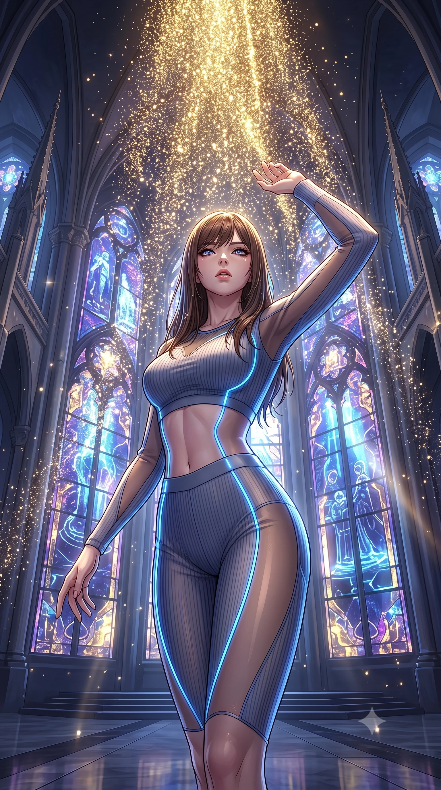 score_9, masterpiece, best quality, ultra-detailed, High-budget Anime Keyframe, East Asian woman. Low angle cowboy shot filling the entire 9:16 frame with her statuesque presence. Scenario 334: showering under a cascade of glittering gold stardust inside a futuristic cathedral with holographic stained-glass windows. Her presence is magnetic and overpowering in this high-budget anime scene. Outfit 334: a slim-fit ribbed bodycon knit second with a sheer panels and glowing LED seams. The clothing is designed to emphasize her exceptionally tall and slender 8-heads proportion. 8-heads proportion, towering silhouette, ultra-slim waist. sharp v-shaped jawline, intricate jewel-like eyes with depth, thick eyelashes, glossy lips. 2k, ultra detail, master piece, 9:16 ratio