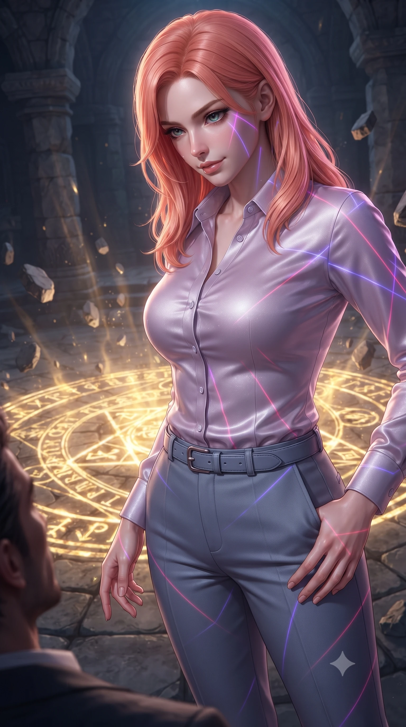 score_9, masterpiece, best quality, ultra-detailed, high-budget anime keyframe, editorial fashion photography, tasteful artistic composition, realistic cosplay photography, Japanese woman. close-up cowboy shot from the waist and thighs up, the character dominates the composition, filling the frame with her large presence, background elements kept in soft focus. Looking down at the opponent with quiet, menacing intensity and a cold half-smile. set against a soft-focus background of an ancient stone chamber where a massive runic seal on the floor glows with gold light, stone debris floating in the energy field. She has an exceptionally elegant and slender, willowy female figure with an ultra-slim waist, a gracefully sculpted slender torso, and a refined slim physique. sharp v-shaped jawline, high-bridge nose, intricate jewel-like eyes with depth, thick eyelashes, glossy lips with a natural sheen. wearing catching and diffusing the glowing particles, shimmering softly in response to the surrounding light, a body-hugging pale lilac button-down shirt paired with tailored slate grey trousers and a matching slim leather belt. laser lines of violet and hot pink reflecting off surfaces casting geometric neon highlights. ultra-reflective glossy finish, specular highlights, metallic sheen, high-contrast stereoscopic depth, volumetric dynamic lighting, 2k, ultra detail, master piece, 9:16 ratio