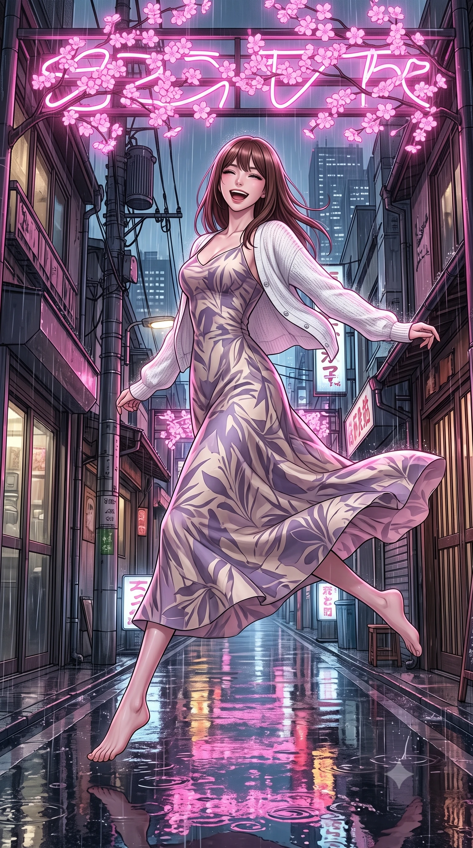 score_9, masterpiece, best quality, ultra-detailed, high-budget anime keyframe, editorial fashion photography, tasteful artistic composition, Korean woman. low angle full-body shot from head to toe showing her feet, filling the entire 9:16 vertical frame with her statuesque presence, stretching her vertical silhouette. leaping gracefully with a bright, joyful laugh through in a narrow Tokyo-style alleyway at night during a rainstorm, with glowing pink neon cherry blossoms hanging above and wet asphalt below. She has a statuesque 8.5-heads proportion, an exceptionally tall, slender and willowy model-like build with impossibly long legs and a highly sculpted ultra-slim waist. sharp v-shaped jawline, high-bridge nose, intricate jewel-like eyes with depth, thick eyelashes, glossy lips with a natural sheen. wearing a flowing silk maxi dress in a muted lavender and cream print, layered under a white knit cardigan. vivid pink neon lights reflecting off the wet asphalt and glass windows, highlighting the glossy rain-slicked textures. 2k, ultra detail, master piece, 9:16 ratio