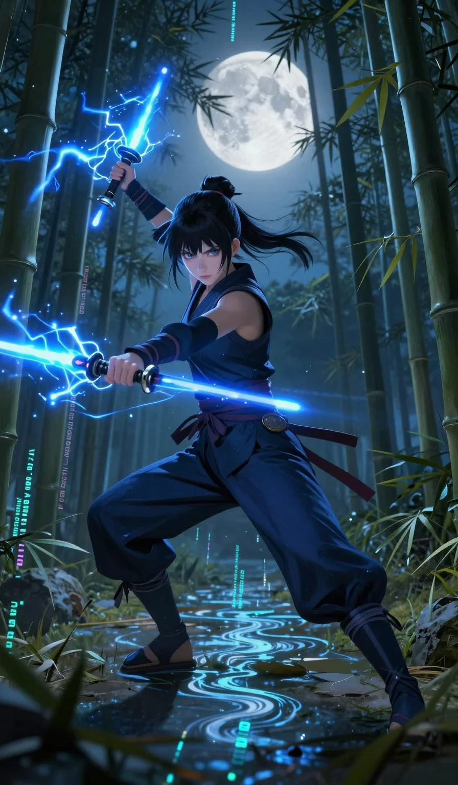 "Action-packed 8-second video of a female ninja in a moonlit bamboo forest. She holds dual glowing blue energy spears that crackle with
     electricity. Digital code fragments float in the air and ripple across the ground like water. The camera performs a fast, dynamic sweep as she spins her
     spears, creating trails of blue light. High-octane anime aesthetic.