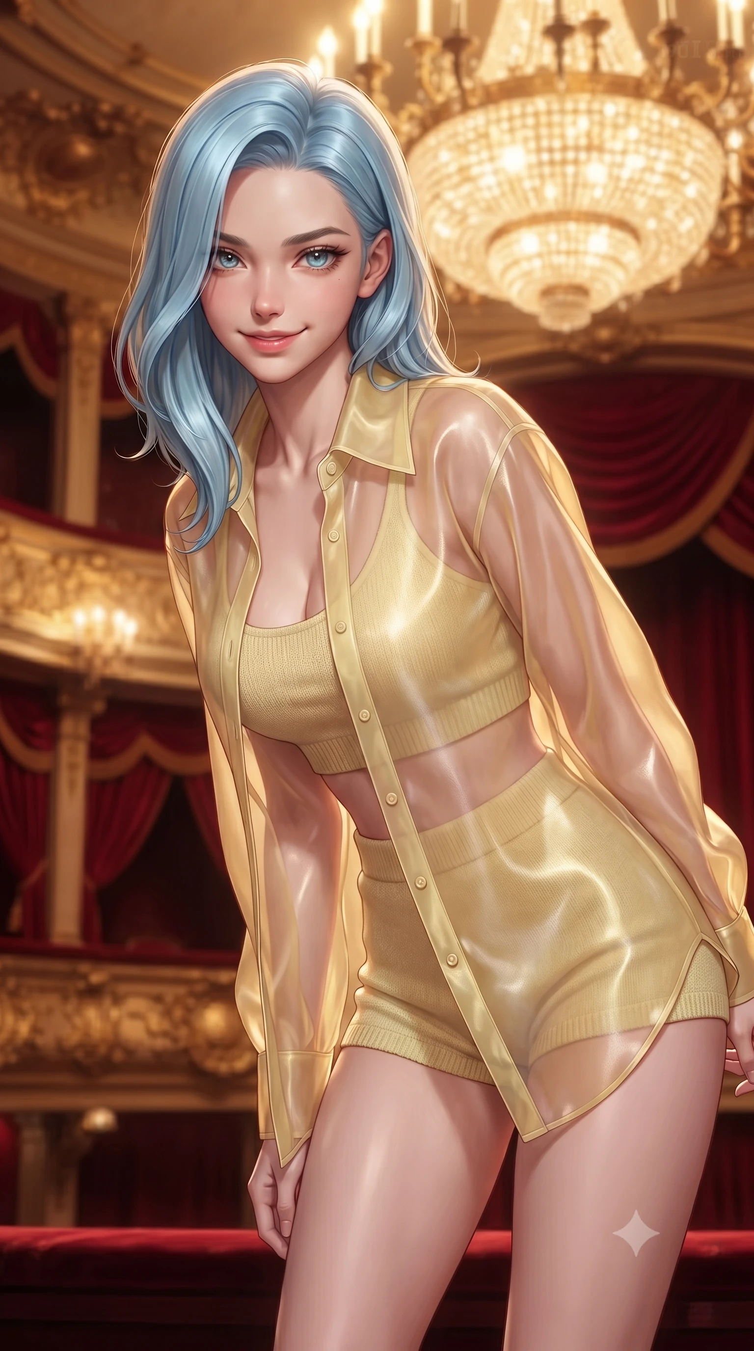 score_9, masterpiece, best quality, ultra-detailed, high-budget anime keyframe, editorial fashion photography, tasteful artistic composition, Korean woman. close-up cowboy shot from the waist and thighs up, the character dominates the composition, filling the frame with her large presence, background elements kept in soft focus. leaning slightly forward with a playful, teasing smile, her gaze locked onto the viewer the background shows a soft-focus the 2nd-floor VIP opera box suite draped in heavy red silk velvet and gold carving decorations. She has an exceptionally elegant, slender, and willowy female figure with an ultra-slim waist, a gracefully sculpted slender torso, and a refined silhouette. sharp v-shaped jawline, high-bridge nose, intricate jewel-like eyes with depth, thick eyelashes, glossy lips with a natural sheen. wearing a body-hugging sheer organza shirt in pale yellow worn open over a knit crop top and micro-shorts. warm golden light from the massive theater chandelier casting a soft wash. ultra-reflective glossy finish, specular highlights, metallic sheen, high-contrast stereoscopic depth, volumetric dynamic lighting, 2k, ultra detail, master piece, 9:16 ratio