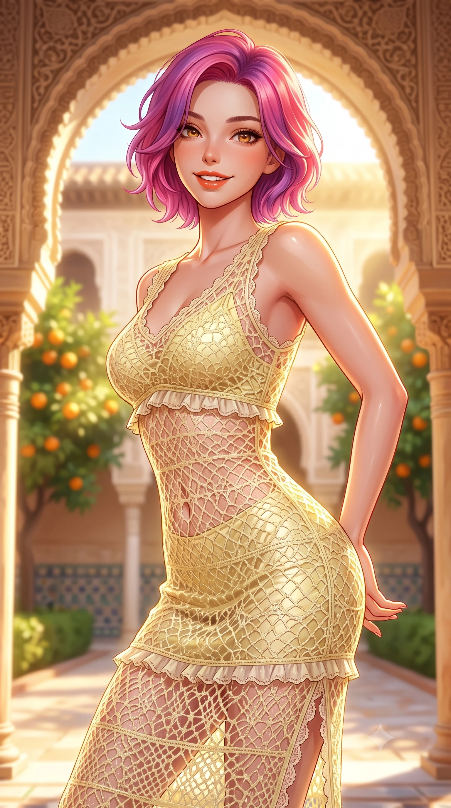 score_9, masterpiece, best quality, ultra-detailed, high-budget anime keyframe, semi-realistic 3D game render, editorial fashion photography, tasteful artistic composition, Caucasian woman. close-up cowboy shot from the waist and thighs up, the character dominates the composition, filling the frame with her large presence. resting both hands lightly behind her back while leaning toward the lens with a cheerful, teasing grin, her form-fitting outfit hugging her narrow waist and feminine hip curve while twisting her slender torso in an alluring contrapposto stance, Moorish tile reflections and golden sunbeams playing across her narrow waist and hips. The composition keeps background elements in soft focus with dreamy creamy bokeh. soaring horseshoe arches, intricate stucco plasterwork, and fragrant bitter orange trees blurred into ochre, terracotta, and emerald bokeh. She has an exceptionally elegant, slender, and willowy female figure with an ultra-slim waist, flat toned midriff, narrow ribcage, and sculpted feminine hips creating an alluring, slim hourglass silhouette without bulk. sharp v-shaped jawline, high-bridge nose, sparkling amber-hazel eyes with depth, long lush eyelashes, glossy sun-kissed lips with a warm coral glaze, radiant teasing smile with sensual sunlit bedroom-eyes, exuding effortless old-money elegance and intoxicating sun-drenched allure, flawlessly proportioned anatomical accuracy, strict slender model proportions, natural body alignment, perfectly sculpted long slender limbs, ultra-slim waistline, clean dynamic posture without body distortion. wearing a sheer crochet lace maxi dress layered over a matching silk slip, accentuating her narrow waist and rounded hips in pastel limoncello yellow and vanilla cream, woven from delicate metallic lurex thread catching the golden hour sunbeams, finished with subtle ruffle trims and delicate scallop lace edging, the glove-like silhouette tightly following the natural contour of her hips and long slender legs with youthful 8.5-heads elegance. bathed in dramatic Andalusian late-afternoon golden hour sunlight streaming through scalloped arches. highly saturated vibrant anime colors, detailed shading with soft gradients, rich glossy textures, high-contrast stereoscopic depth, volumetric dynamic lighting, master piece, 9:16 ratio