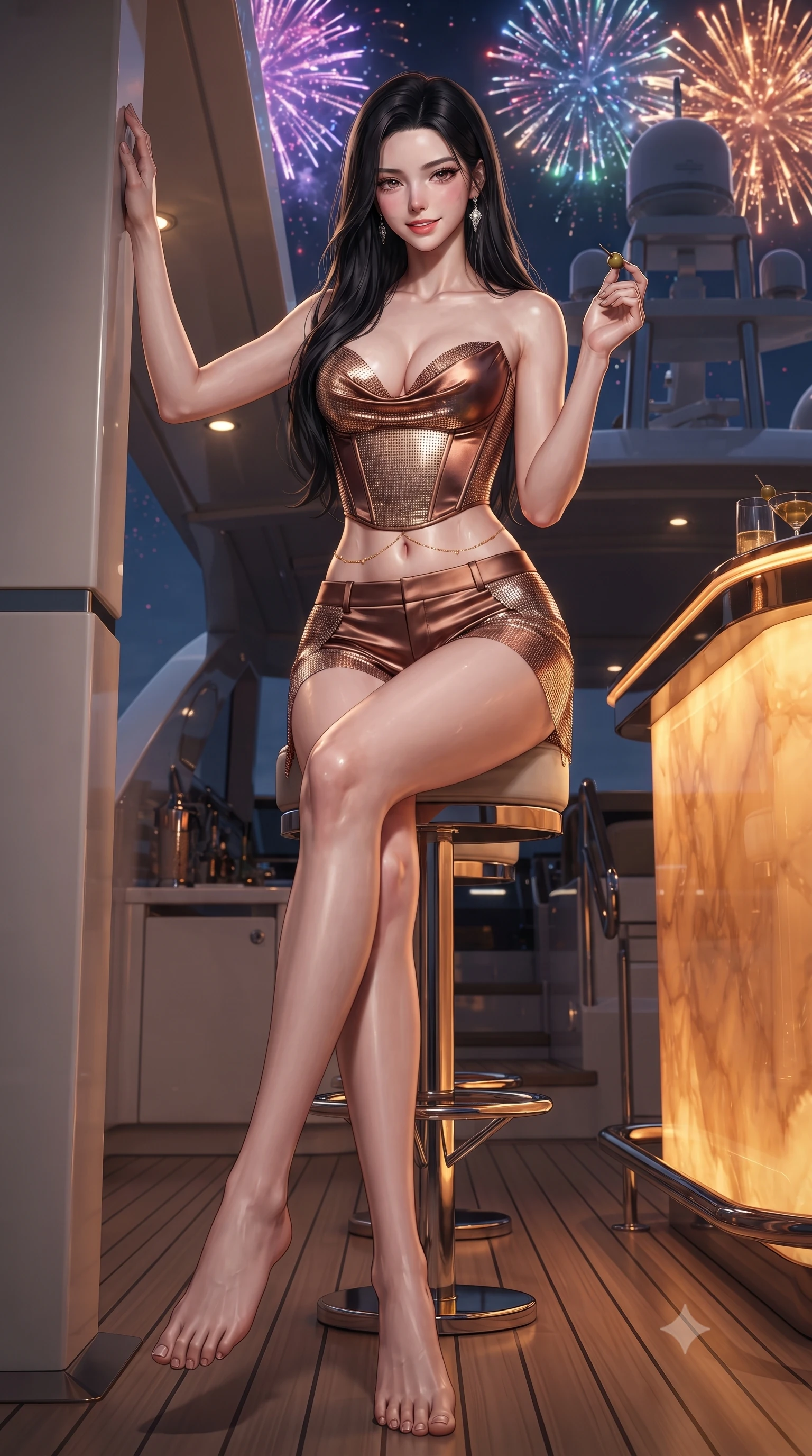 score_9, masterpiece, best quality, ultra-detailed, high-budget anime keyframe, editorial fashion photography, tasteful artistic composition, Korean woman. low angle full-body shot from head to toe showing her feet, filling the entire 9:16 vertical frame with her statuesque presence, stretching her vertical silhouette. standing tall beside the architectural column, one hand resting high while arching her lower back to emphasize her sculpted feminine hips and slender waist while perched sideways on a high barstool with legs crossed, toying with a cocktail olive while casting a dangerous, coquettish smile. The surrounding environment is rendered in vivid detail and crisp panoramic clarity: detailed plunging cowl-neck metallic gown cling, diamond earrings sparkle, and luxury yacht flybridge engineering in razor-sharp precision. She has an absolutely perfect, statuesque 8.5-heads proportion, an exceptionally tall and slender model-like female figure with impossibly long slender legs, an ultra-slim waist, a flat toned midriff, narrow delicate ribcage, and beautifully sculpted feminine hips creating a graceful, slim hourglass silhouette without any bulky heaviness. sharp v-shaped jawline, high-bridge nose, sparkling eyes with hypnotic seductive depth, thick curled eyelashes, glossy parted lips with a natural dewy peach sheen, alluring bedroom-eyes with an enchanting coquettish smile, exuding magnetic siren charisma and sophisticated glamour, flawlessly proportioned anatomical accuracy, strict slender model proportions, natural body alignment, perfectly sculpted long slender limbs, ultra-slim waistline, clean dynamic posture without body distortion. wearing a strapless boned satin corset bodice paired with low-waisted tailored satin hot-pants in sultry espresso bronze and metallic copper, crafted from shimmering fluid chainmail mesh reflecting ambient lights, accented with a dainty gold belly chain resting across her flat midriff and curving hips, the form-contouring silhouette accentuating her sculpted flat midriff, narrow delicate ribcage, and gracefully curvy hips with intoxicating allure. bathed in dynamic multi-color light flashes from fireworks overhead mixed with warm amber bar counter glow. ultra-reflective glossy finish, specular highlights, rich textural contrasts, high-contrast stereoscopic depth, volumetric dynamic lighting, 2k, ultra detail, master piece, 9:16 ratio