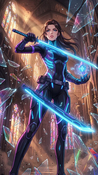 score_9, masterpiece, best quality, ultra-detailed, Set A: High-budget Anime Keyframe, Caucasian (strictly human ears) woman. Low angle cowboy shot filling the entire 9:16 frame with her statuesque presence. Drawing a blade through a shattered glass 
