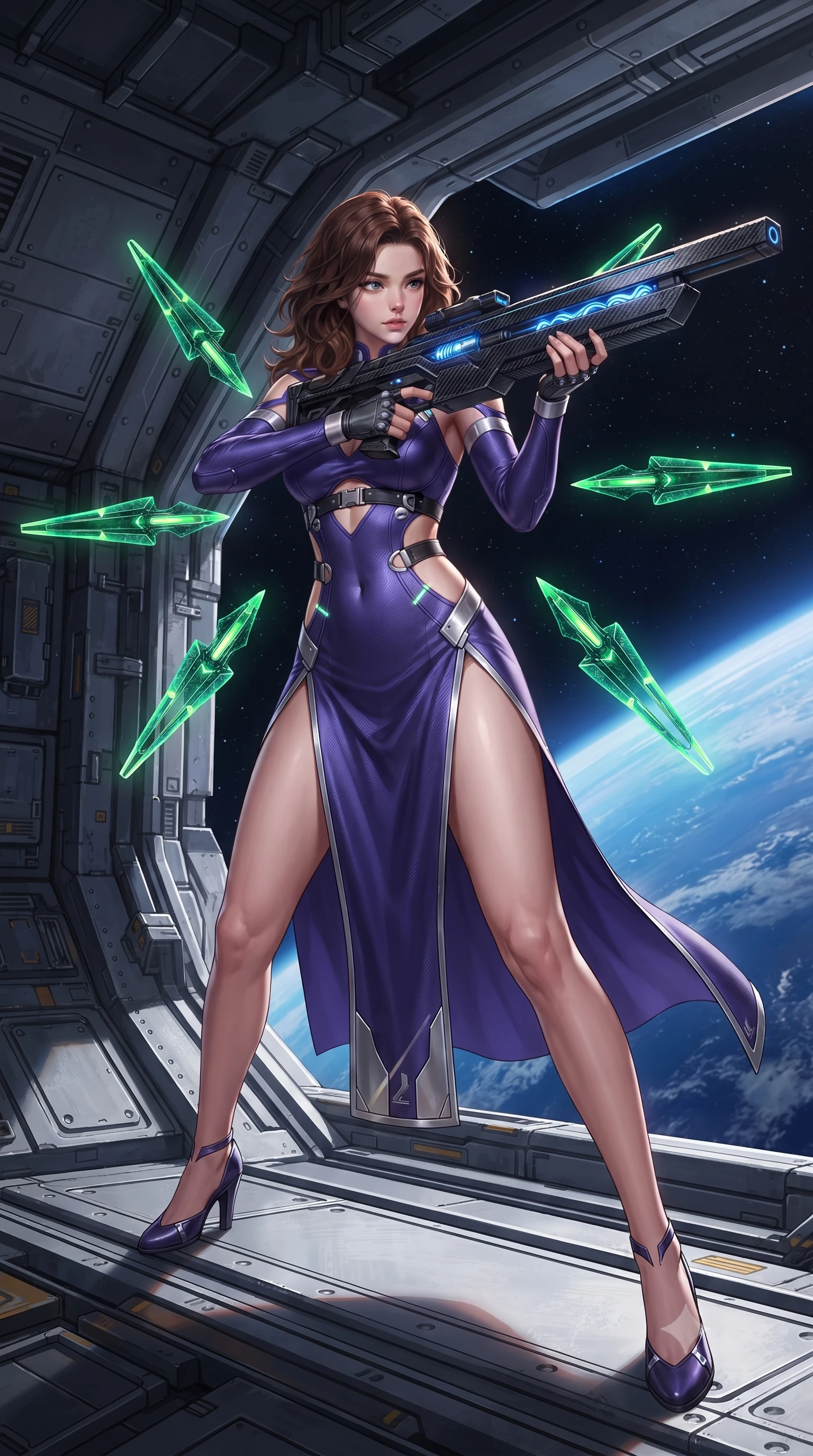 score_9, masterpiece, best quality, ultra-detailed, high-budget anime keyframe, editorial fashion photography, tasteful artistic composition, Korean woman. low angle full-body shot from head to toe showing her feet, filling the entire 9:16 vertical frame with her statuesque presence, stretching her vertical silhouette. pivoting dynamically in mid-motion with a breathtakingly alluring posture, displaying her flawless model proportions, toned flat midriff, and ultra-slim waist while standing poised near the massive open airlock of a zero-gravity orbital hangar while aiming a sleek carbon railgun rifle toward the cosmos. The surrounding environment is rendered in vivid detail and crisp panoramic clarity. sharp carbon-fiber rifle barrel weave, glowing blue railgun accelerator coils, and space station rivets in deep focus. She has an absolutely perfect, statuesque 8.5-heads proportion, an exceptionally tall and slender model-like female figure with impossibly long slender legs, a toned flat midriff, and an ultra-slim waist. sharp v-shaped jawline, high-bridge nose, intricate jewel-like eyes with depth, thick eyelashes, glossy lips with a natural sheen, flawlessly proportioned anatomical accuracy, strict slender model proportions, natural body alignment, perfectly sculpted long slender limbs, ultra-slim waistline, clean dynamic posture without body distortion. wearing a precision-fitted royal purple carbon-fiber battle-dress with high-slit tactical skirt and silver accents, directing eight floating nano-crystal funnel blades with sovereign gestures in emerald green carbon composite with glowing lime laser channels, made of lightweight aerodynamic carbon-titanium alloy with polished edge bevels, reinforced by a sleek titanium tactical harness and glowing micro-energy straps, the precision-cut daring openings accentuating her delicate midriff, graceful bare collarbones, and ultra-slim feminine waistline. bathed in dazzling natural orbital sunlight and rich blue planetary ambient bounce light. ultra-reflective glossy finish, specular highlights, dark metallic sheen, high-contrast stereoscopic depth, volumetric dynamic lighting, 2k, ultra detail, master piece, 9:16 ratio