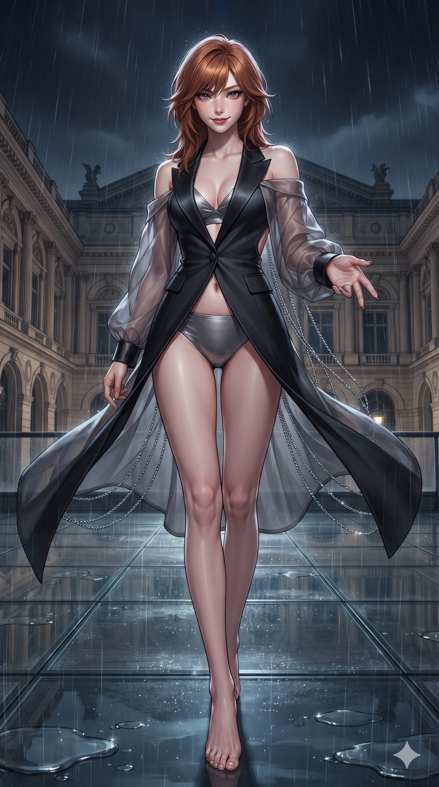 score_9, masterpiece, best quality, ultra-detailed, high-budget anime keyframe, editorial fashion photography, tasteful artistic composition, Korean woman. low angle full-body shot from head to toe showing her feet, filling the entire 9:16 vertical frame with her statuesque presence, stretching her vertical silhouette. striding across the rain-swept glass terrace, nocturnal breezes whipping her garments open to accentuate her long slender legs and curvy hips while reaching one hand toward the viewer with relaxed dark elegance, her tailored tux dress tracing her ultra-slim waist and hips. The surrounding environment is rendered in vivid detail and crisp panoramic clarity: detailed tailored tux dress lapel sheen, fitted waistline seams, and neoclassical theater architecture in razor-sharp precision. She has an absolutely perfect, statuesque 8.5-heads proportion, an exceptionally tall and slender model-like female figure with impossibly long slender legs, an ultra-slim waist, a flat toned midriff, narrow delicate ribcage, and beautifully sculpted feminine hips creating a graceful, slim hourglass silhouette without any bulky heaviness. sharp v-shaped jawline, high-bridge nose, intricate jewel-like dark sparkling eyes with hypnotic seductive depth, thick curled eyelashes, glossy parted lips with a natural wine sheen, alluring bedroom-eyes with an enigmatic smoldering smile, exuding magnetic sovereign charisma and dark avant-garde glamour, flawlessly proportioned anatomical accuracy, strict slender model proportions, natural body alignment, perfectly sculpted long slender limbs, ultra-slim waistline, clean dynamic posture without body distortion. wearing a sheer gossamer organza evening kimono slipping off bare shoulders over a matching satin micro-bralette and briefs in liquid mercury chrome and smoky quartz, made of fluid liquid jersey with seamless sculpting hold and smooth contours, accented with an open-back drape framed by falling strands of delicate chrome chains, the precision-cut side openings and low-back scoop framing her graceful spine and the sensual sweep of her slim, toned hips. illuminated by a single brilliant theatrical key light emerging from dark opera shadows. ultra-reflective glossy finish, specular highlights, metallic sheen, high-contrast stereoscopic depth, volumetric dynamic lighting, 2k, ultra detail, master piece, 9:16 ratio