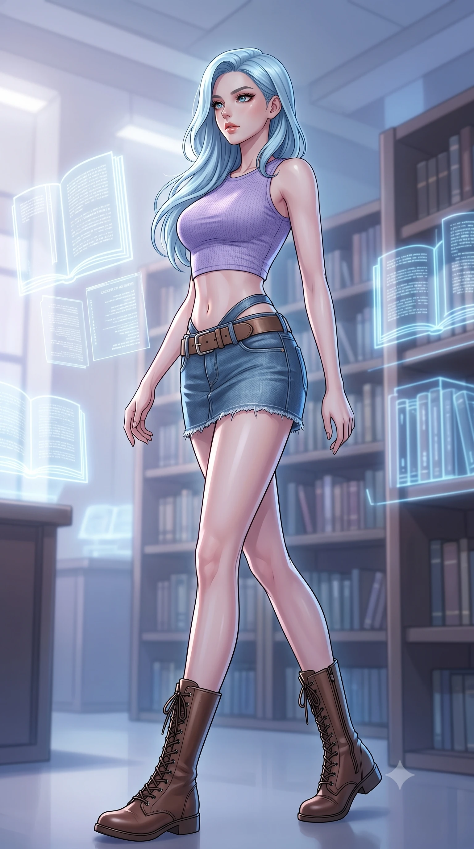 score_9, masterpiece, best quality, ultra-detailed, high-budget anime keyframe, tasteful artistic composition, Korean woman. low angle full-body shot from head to toe showing her feet, filling the entire 9:16 vertical frame with her statuesque presence, stretching her vertical silhouette. stepping gracefully while looking back over her shoulder, her dress draped tightly to reveal her silhouette the background shows a soft-focus a quiet library archives room with digital books emitting soft holograms. She has an absolutely perfect, statuesque 8.5-heads proportion, an exceptionally tall and slender model-like female figure with impossibly long slender legs and an ultra-slim waist. sharp v-shaped jawline, high-bridge nose, intricate jewel-like eyes with depth, thick eyelashes, glossy lips with a natural sheen. wearing a body-hugging modern crop top in lavender cotton paired with a low-rise denim skirt and a subtle waist cut-out. soft white and blue glow casting an intelligent, mysterious ambiance. highly saturated vibrant anime colors, cel-shading, 2d style, master piece, 9:16 ratio