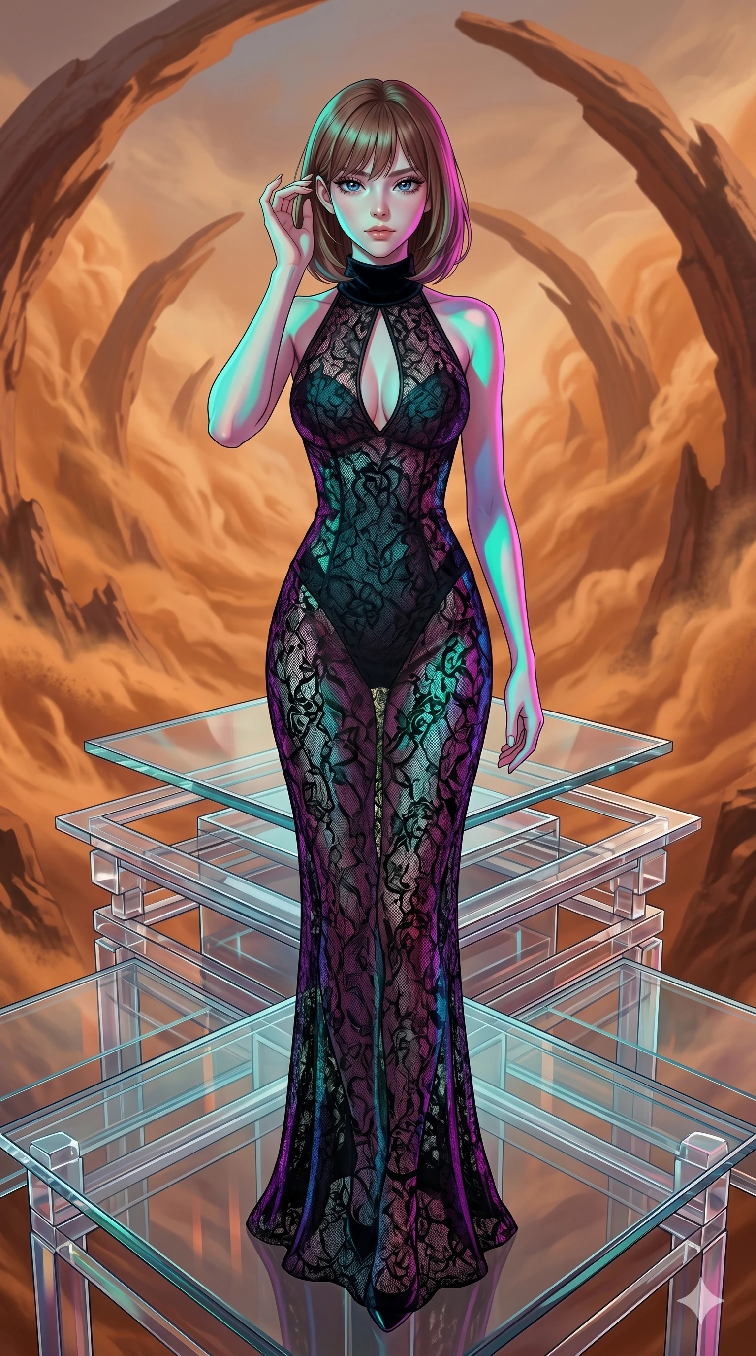 score_9, masterpiece, best quality, ultra-detailed, high-budget anime keyframe, editorial fashion photography, tasteful artistic composition, Caucasian woman, strictly human ears. cowboy shot from the thighs up, character and outfit filling the frame for maximum editorial presence. Lifting one hand to gently tuck hair behind her ear mid-frame atop a floating glass pagoda overlooking a vast canyon of swirling orange dust storms. She has an absolutely perfect 8-heads proportion, an exceptionally tall and slender female figure with impossibly long slender legs and an ultra-slim waist. V-shaped jawline, high-bridge nose, intricate jewel-like eyes with depth, thick eyelashes, glossy lips with a natural sheen. wearing a floor-length gown in semi-opaque black lace with a high velvet collar, a keyhole cutout at the chest, and an under-layer that contours her statuesque figure. lit by high-contrast holographic projection lighting with vivid colored shadows that define her form. 2k, ultra detail, master piece, 9:16 ratio