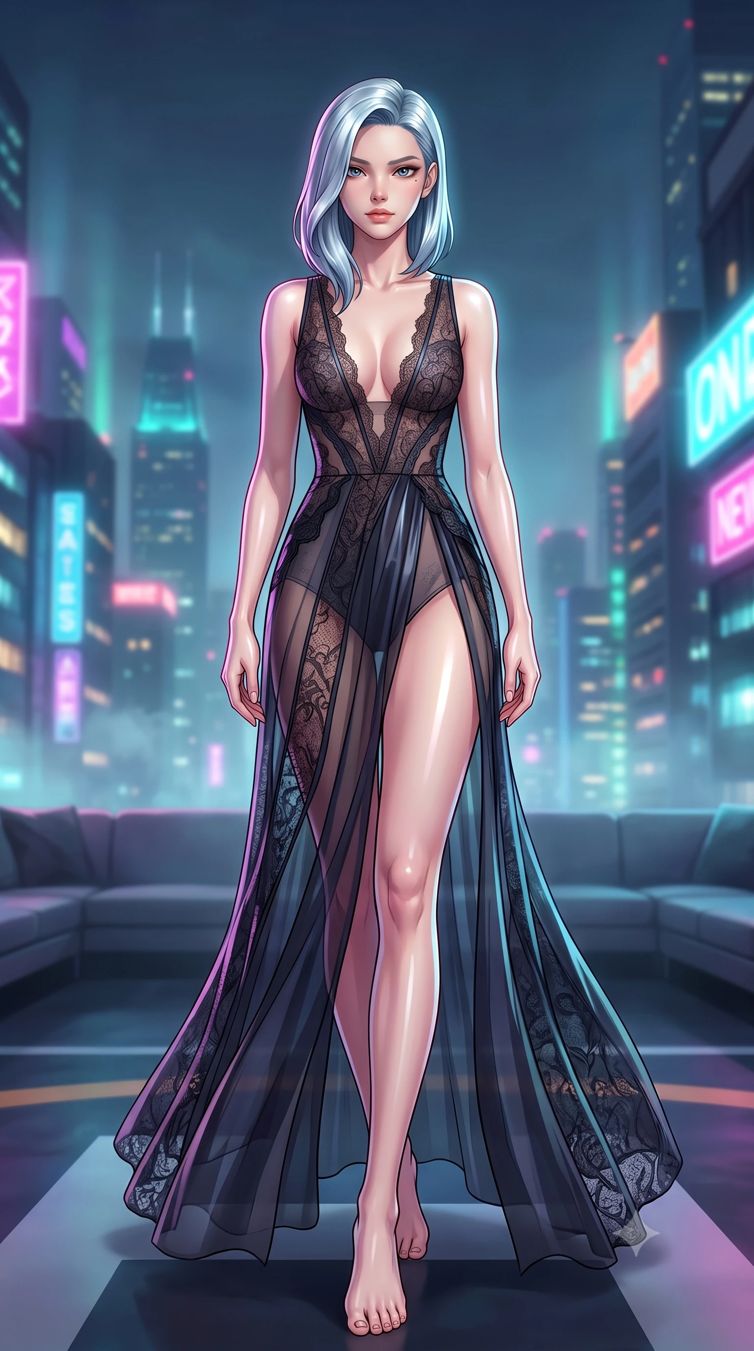 score_9, masterpiece, best quality, ultra-detailed, high-budget anime keyframe, editorial fashion photography, tasteful artistic composition, Korean woman woman. low angle full-body shot from head to toe showing her feet, filling the entire 9:16 vertical frame with her statuesque presence, stretching her vertical silhouette. She has an absolutely perfect, statuesque 8.5-heads proportion, an exceptionally tall and slender model-like female figure with impossibly long slender legs and an ultra-slim waist. stepping gracefully forward in a proud statuesque stride, her body turning in a fluid S-curve silhouette, flawlessly proportioned anatomical accuracy, natural body alignment, perfectly sculpted elegant limbs, clean dynamic posture without body distortion. set against a soft-focus background of a penthouse helipad lounge overlooking a misty neon skyline. wearing a see-through dark lace panel gown over a fitted micro-leotard with a plunging V-neckline. bathed in vibrant city skyline night lights casting sleek specular reflections. highly saturated vibrant anime colors, detailed shading with soft gradients, rich glossy textures, high-contrast stereoscopic depth, volumetric dynamic lighting, master piece, 9:16 ratio